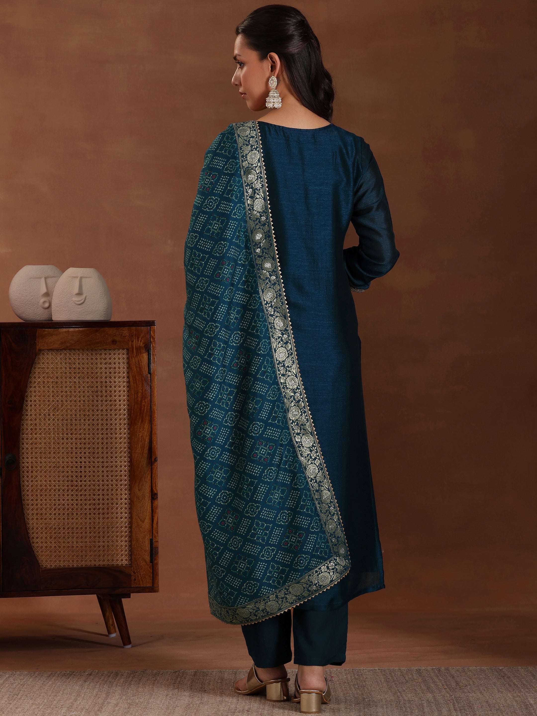 Teal Embroidered Silk Blend Straight Suit With Dupatta