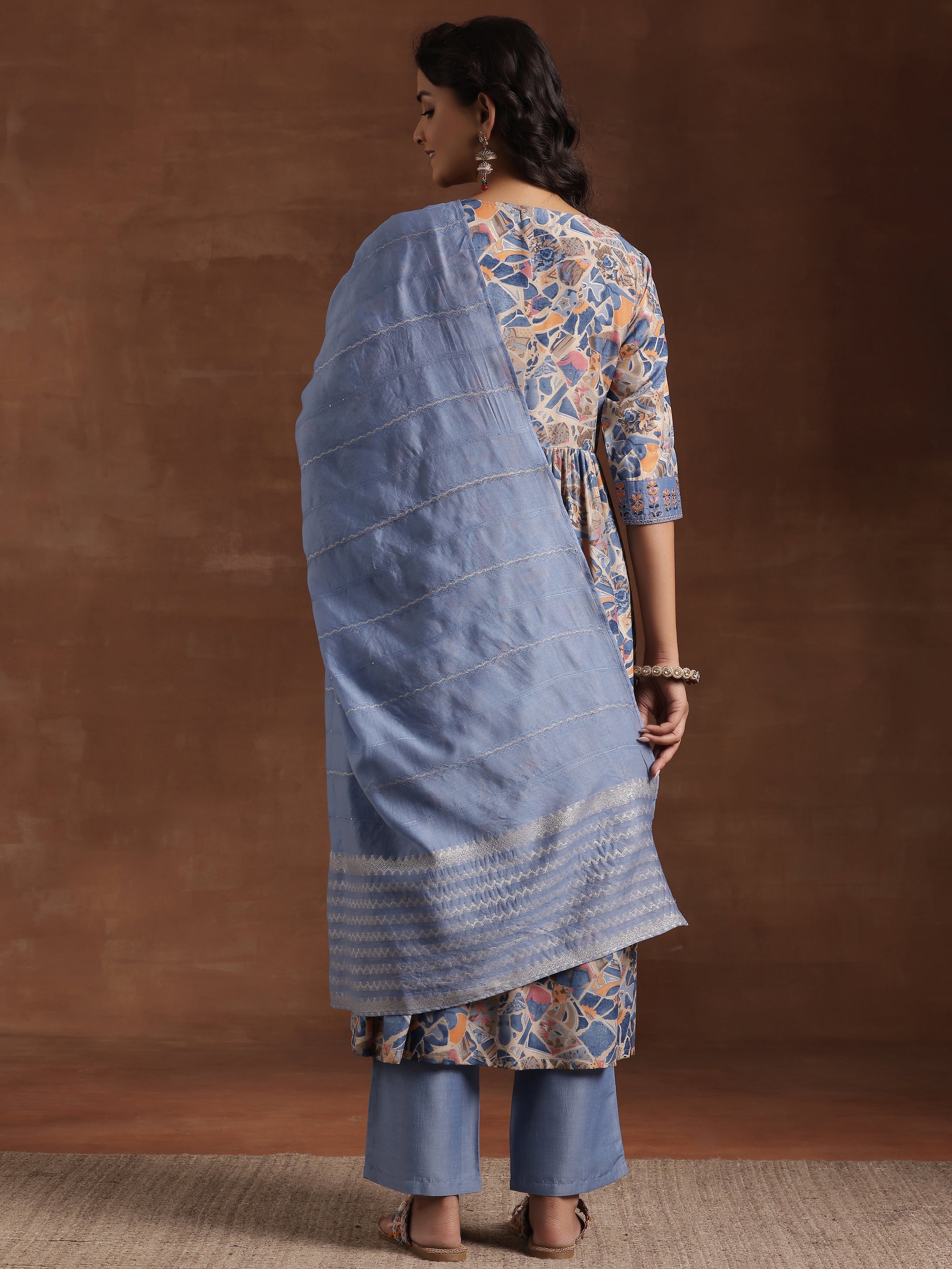 Blue Printed Silk Blend A-Line Kurta With Trousers & Dupatta