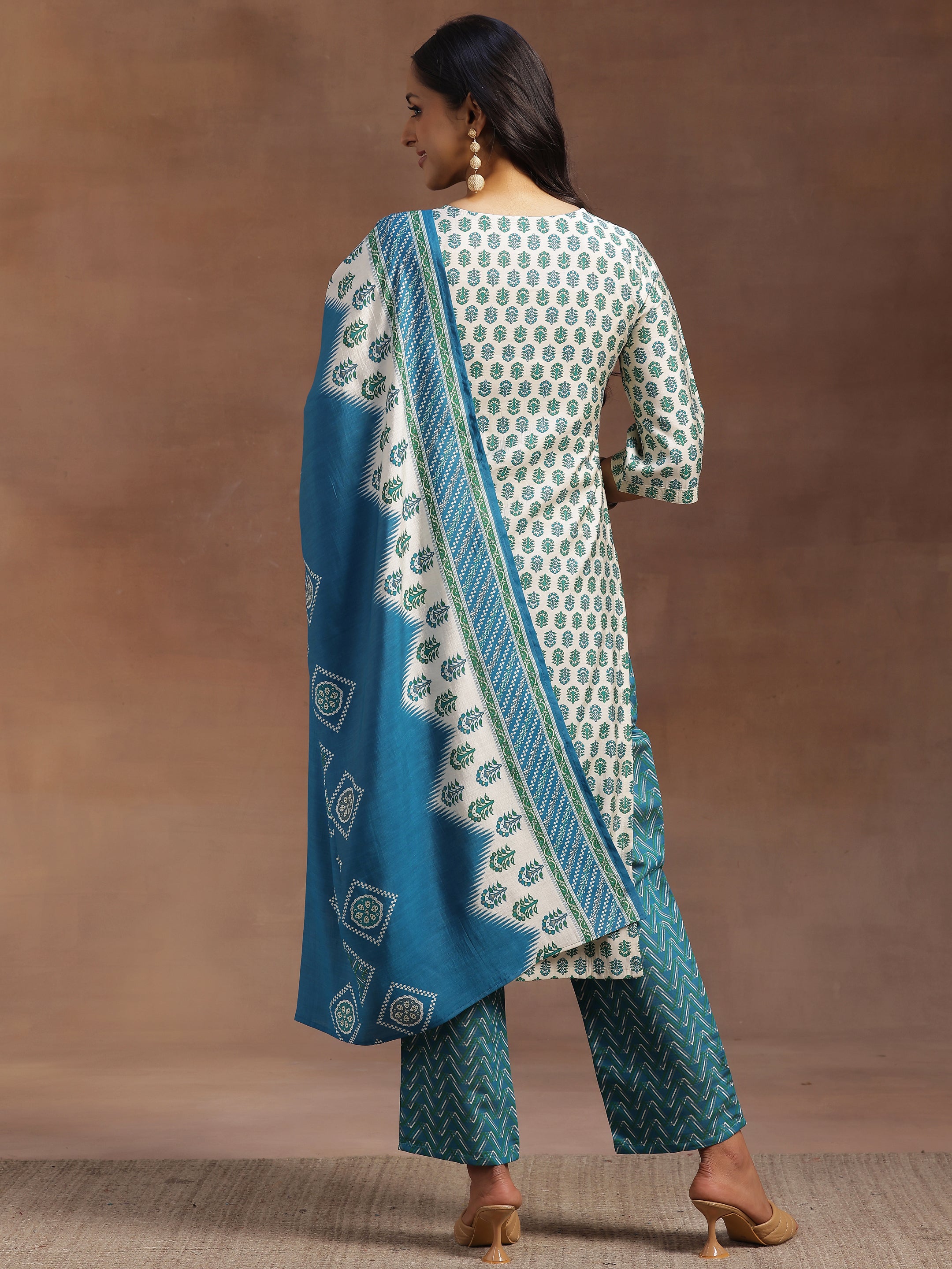 Beige Printed Silk Blend Straight Suit With Dupatta