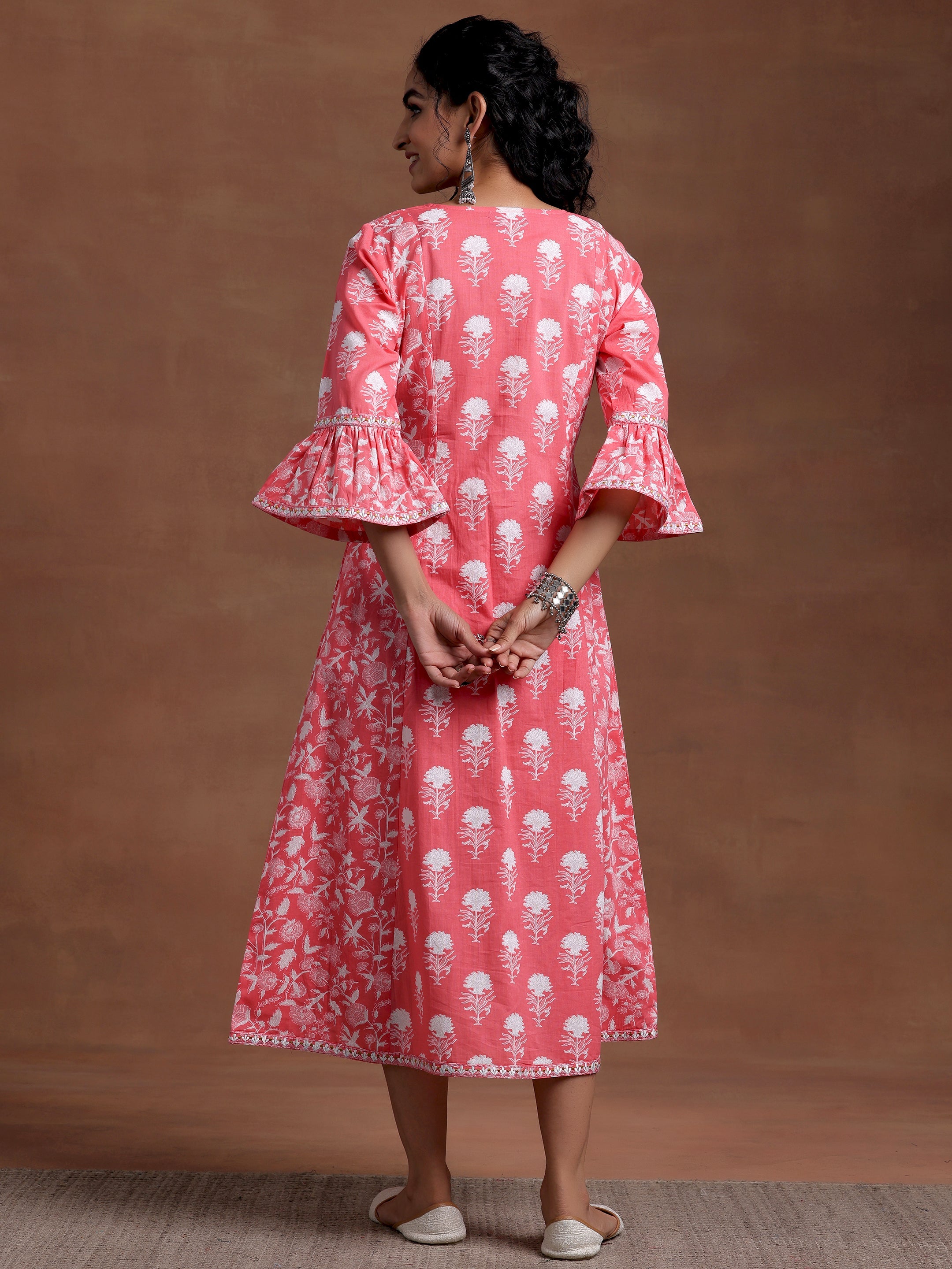 Pink Printed Cotton A-Line Dress