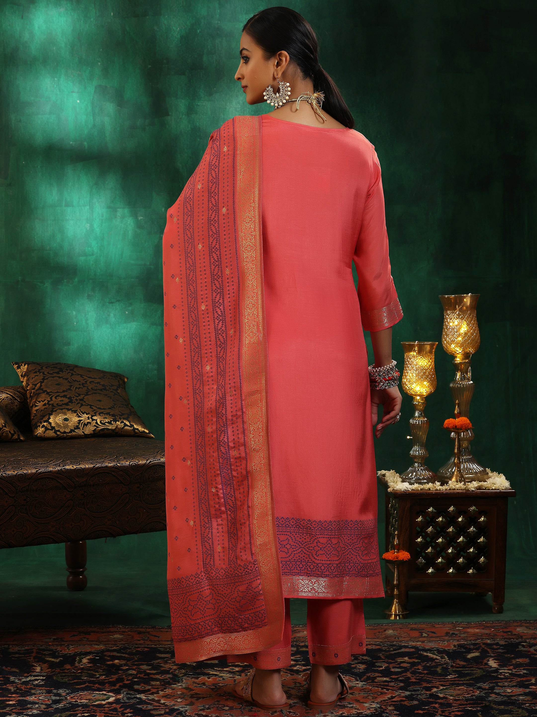 Peach Woven Design Silk Blend Straight Suit With Dupatta