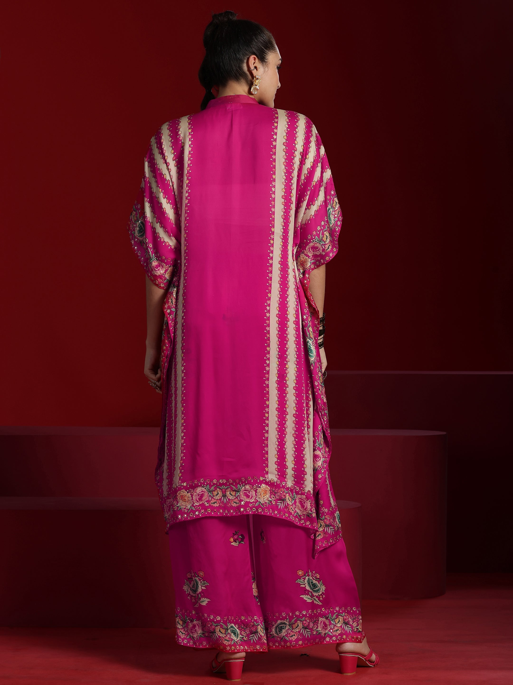 Libas Art Pink Printed Silk Blend Kaftan Kurta With Palazzo