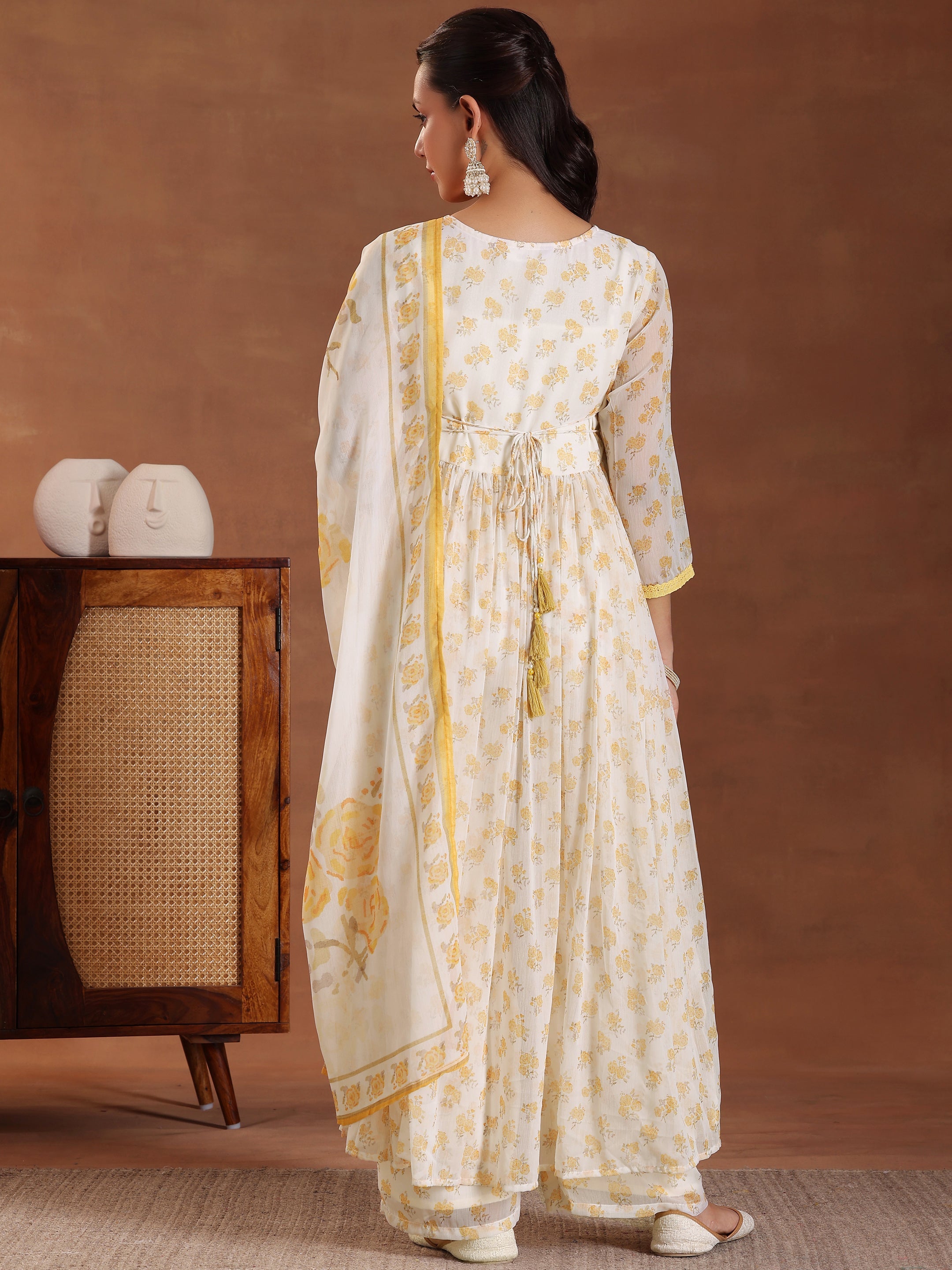 Off white Printed Poly Chiffon A-Line Kurta With Sharara & Dupatta