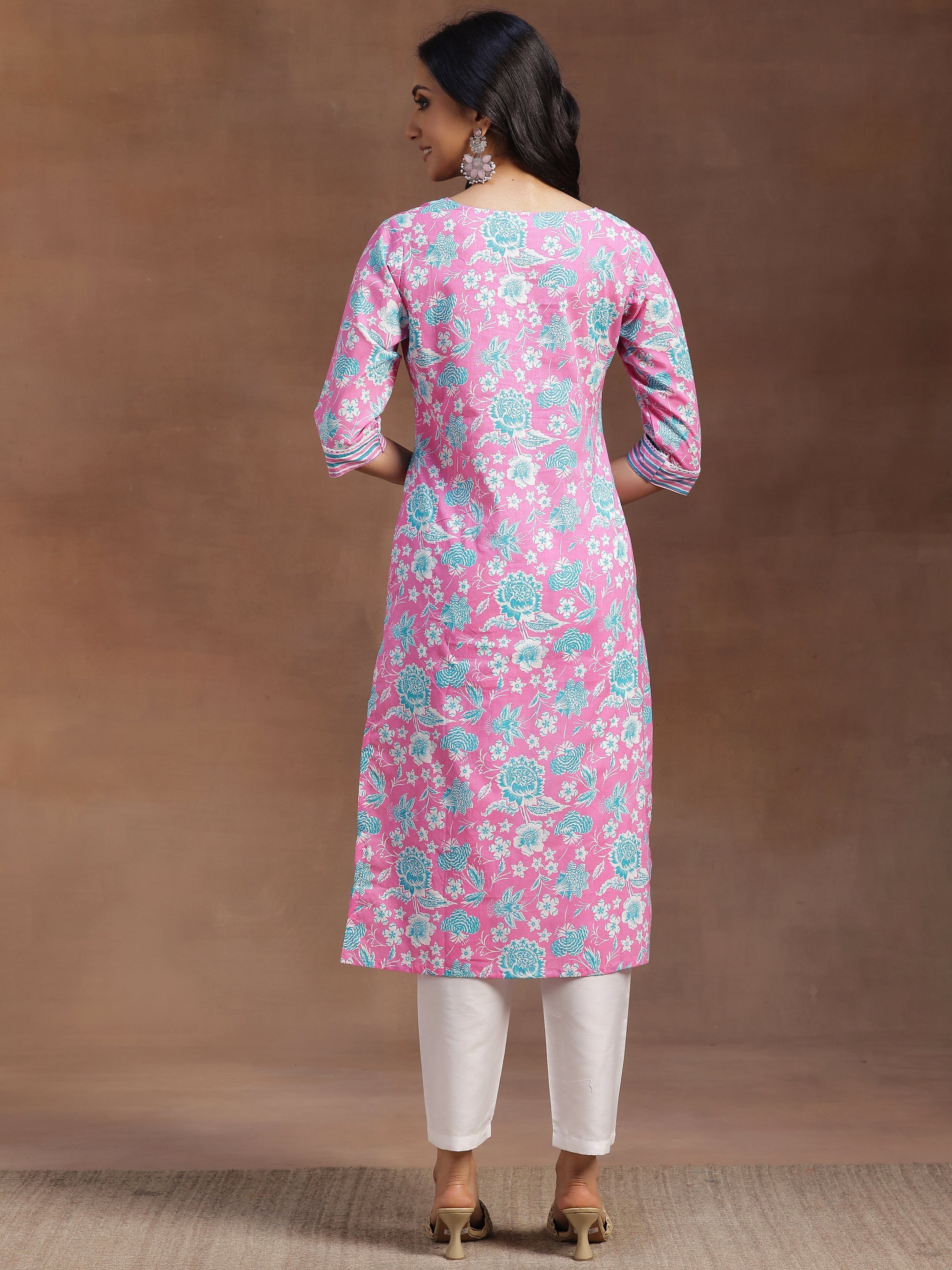 Pink Printed Cotton Straight Kurta