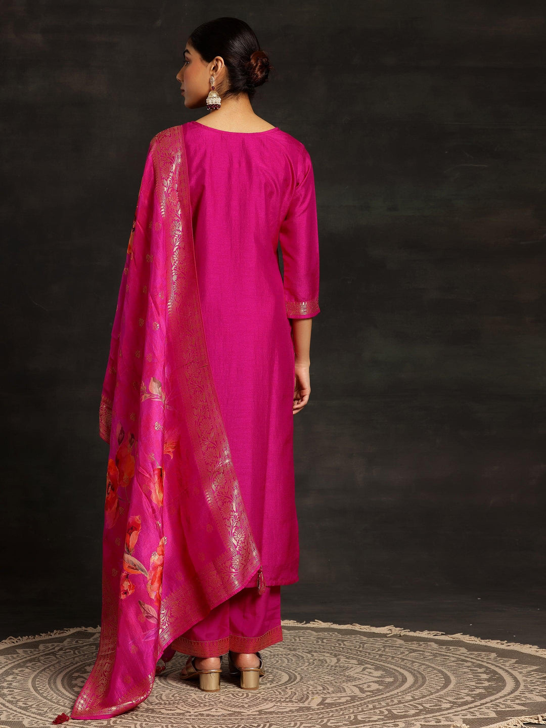 Pink Woven Design Silk Blend Straight Kurta With Trousers & Dupatta - ShopLibas