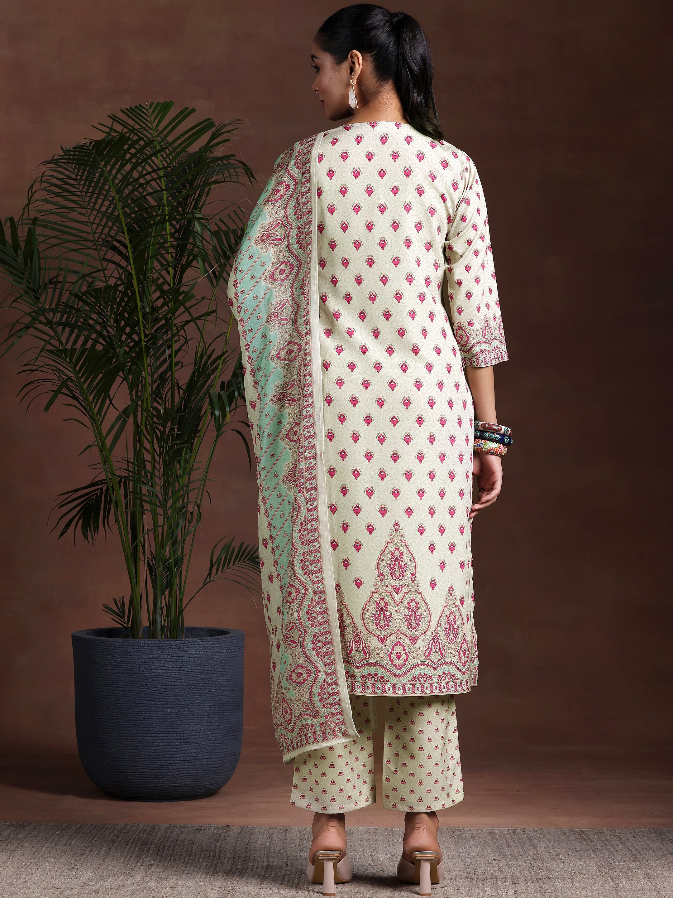 Beige Printed Poly Crepe Straight Suit With Dupatta