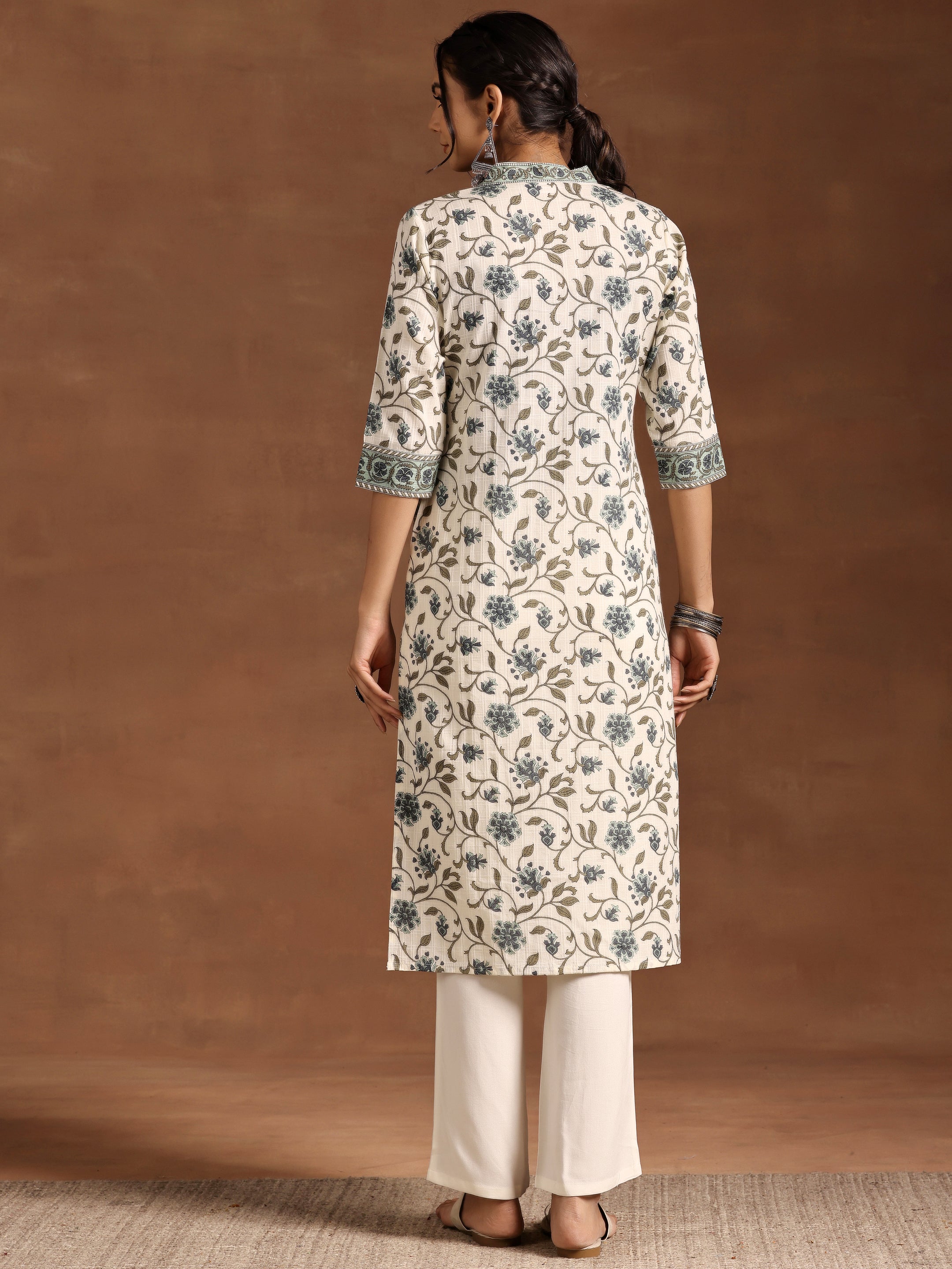 Off White Printed Cotton Straight Kurta