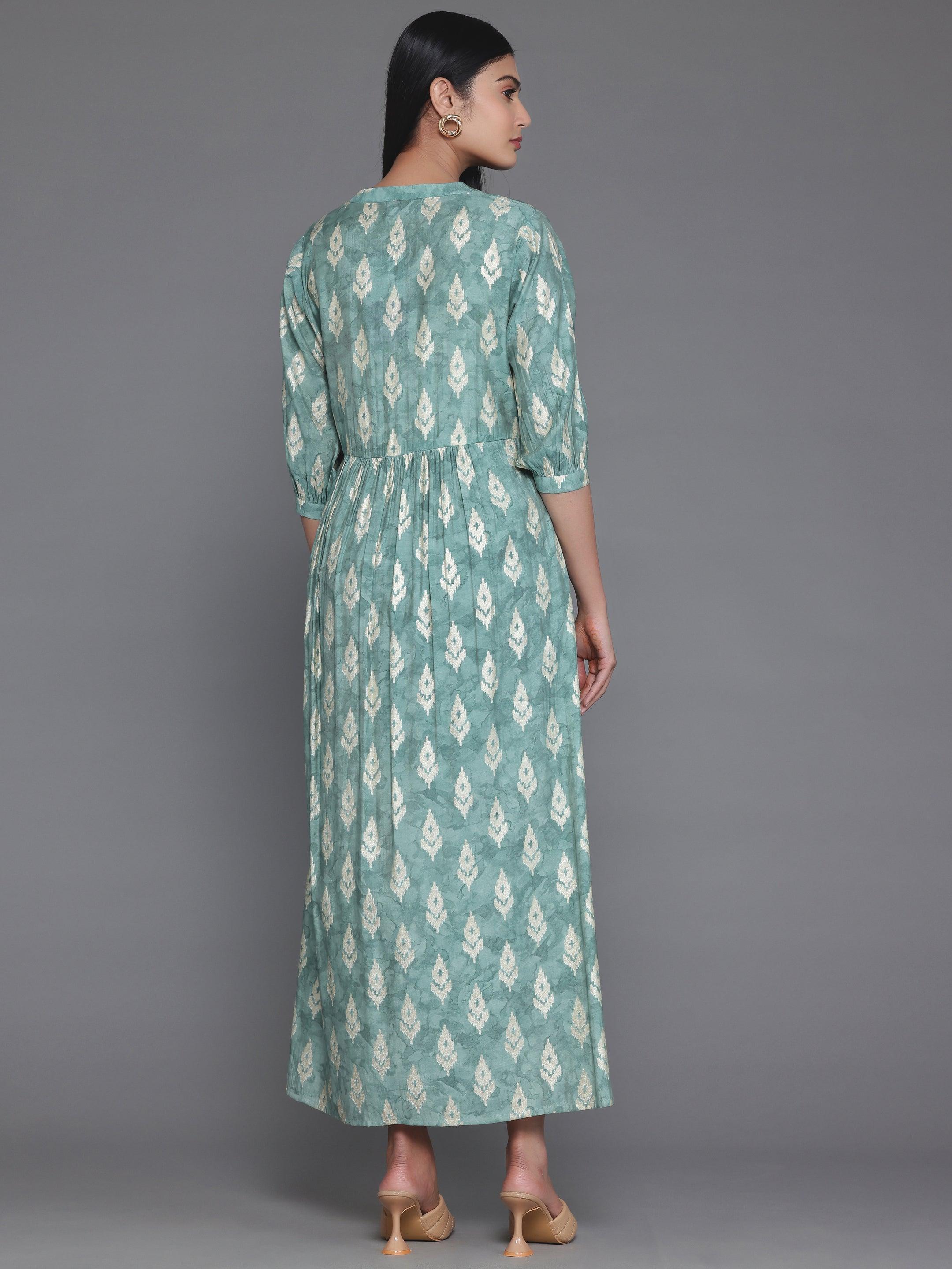 Green Printed Silk Fit and Flare Dress