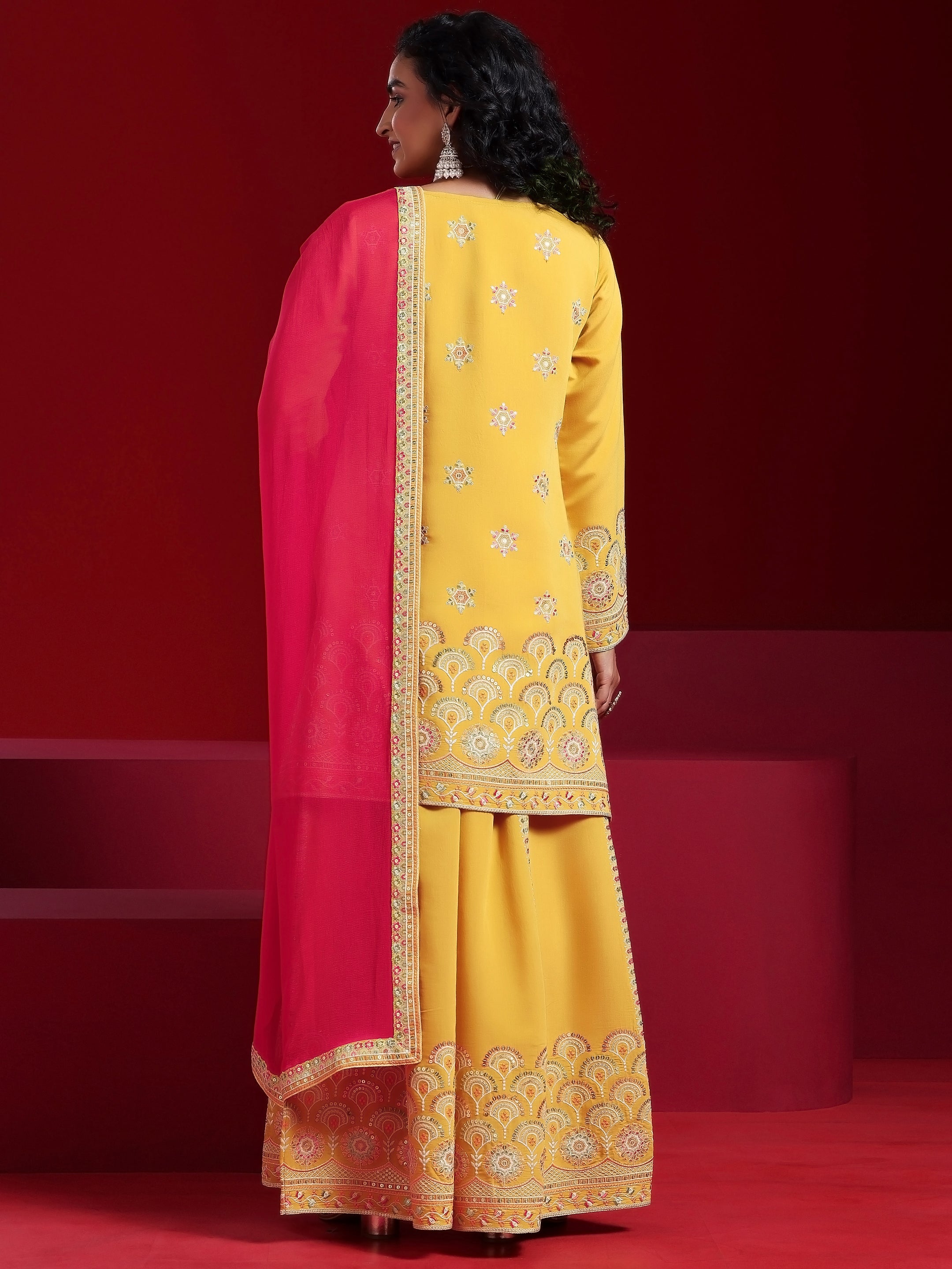 Libas Art Yellow Embroidered Silk Blend Straight Suit With Dupatta