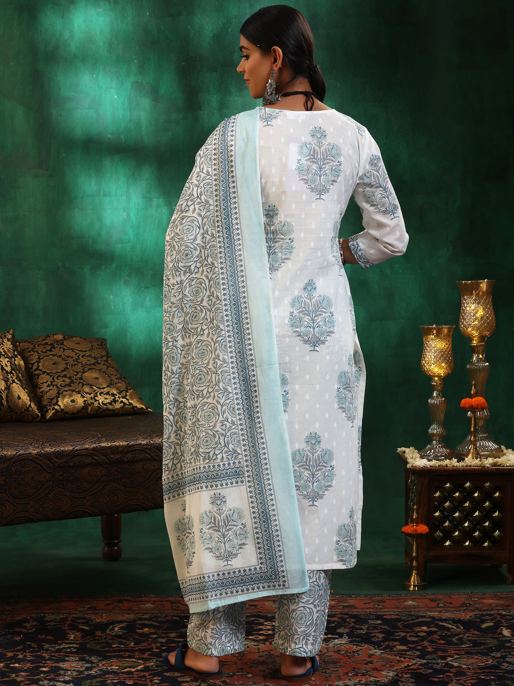 Off White Printed Cotton Straight Suit With Dupatta