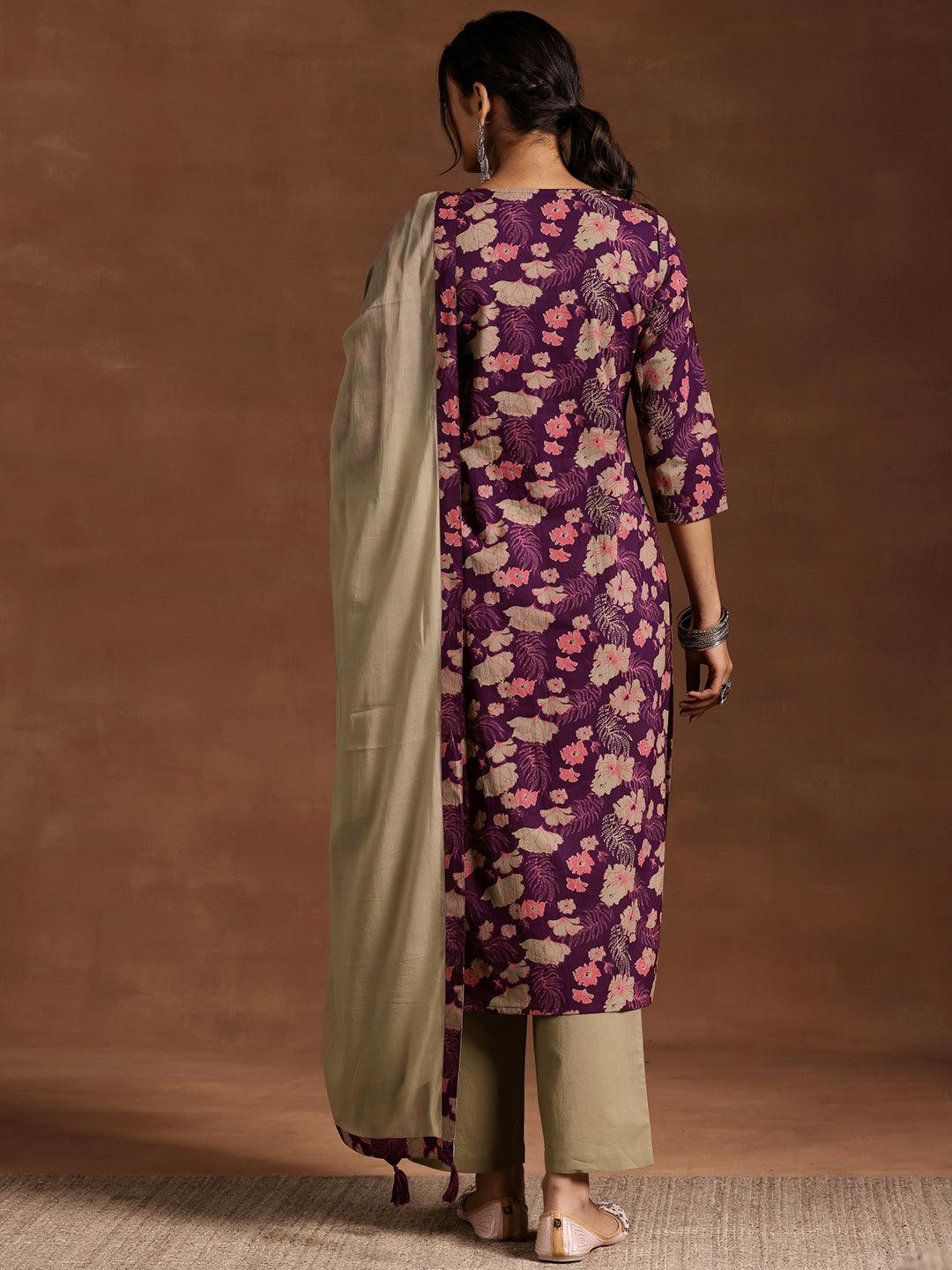 Wine Printed Cotton Straight Suit With Dupatta