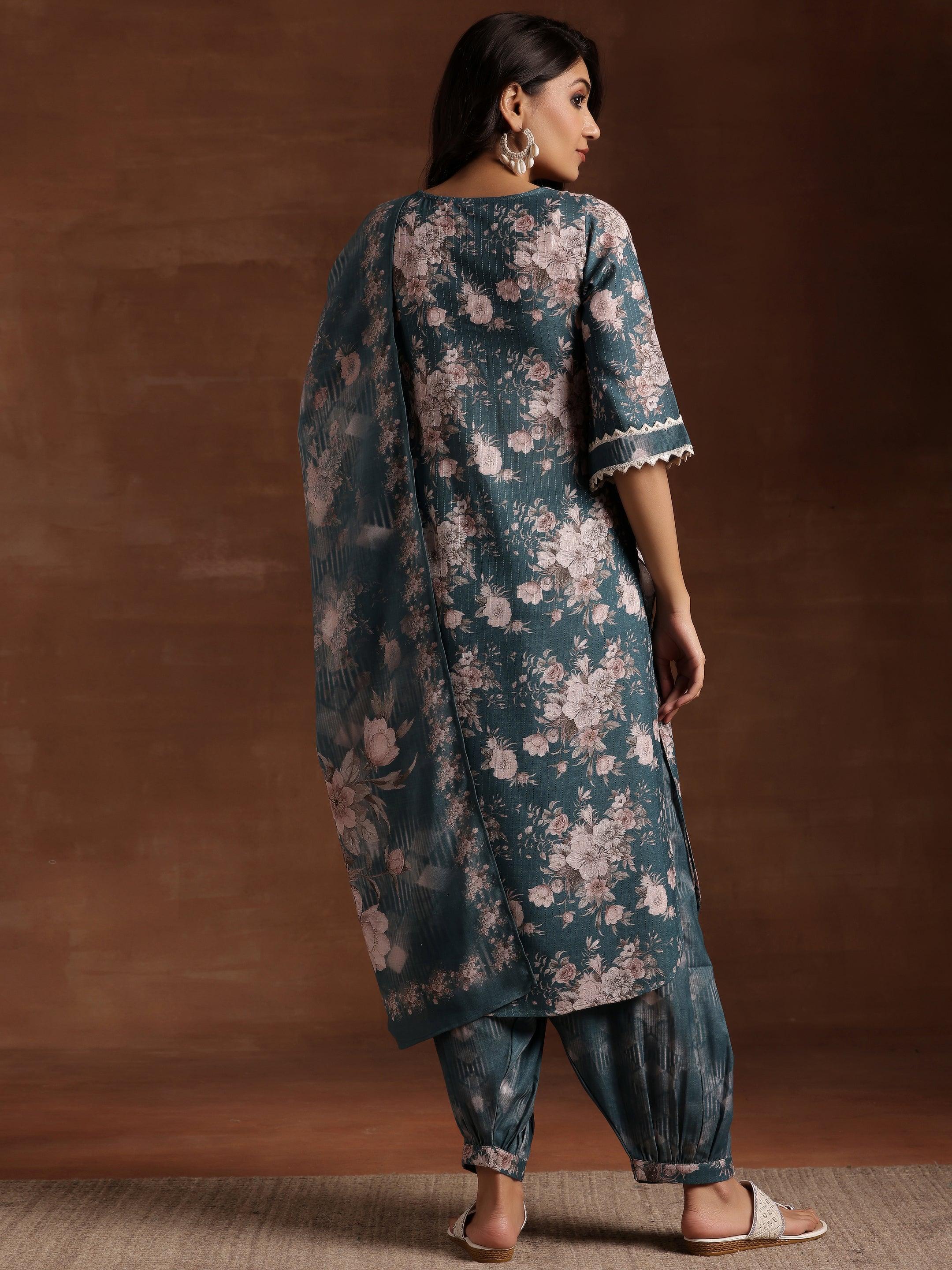 Green Printed Cotton Straight Suit With Dupatta