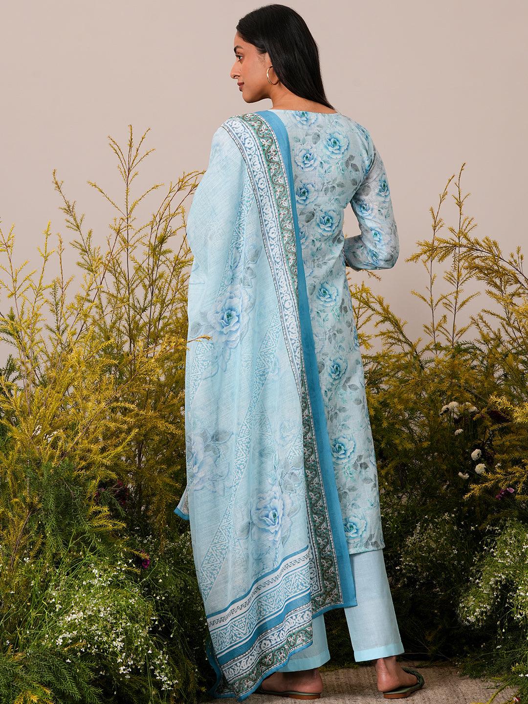 Blue Printed Linen Straight Suit With Dupatta