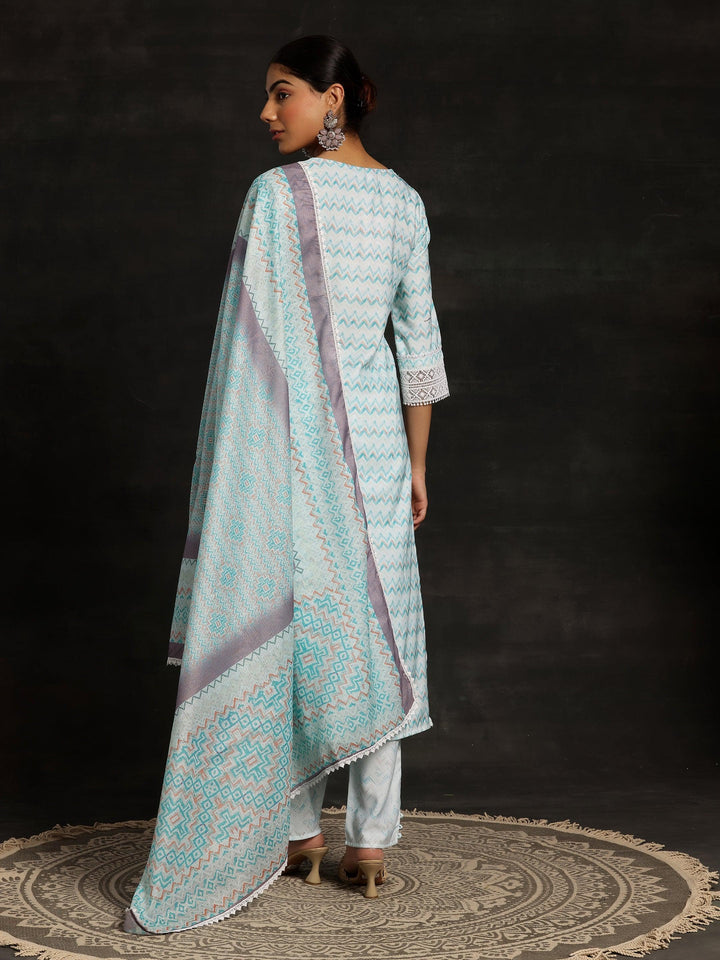 Blue Embroidered Cotton Blend Straight Kurta With Palazzos & Dupatta - ShopLibas