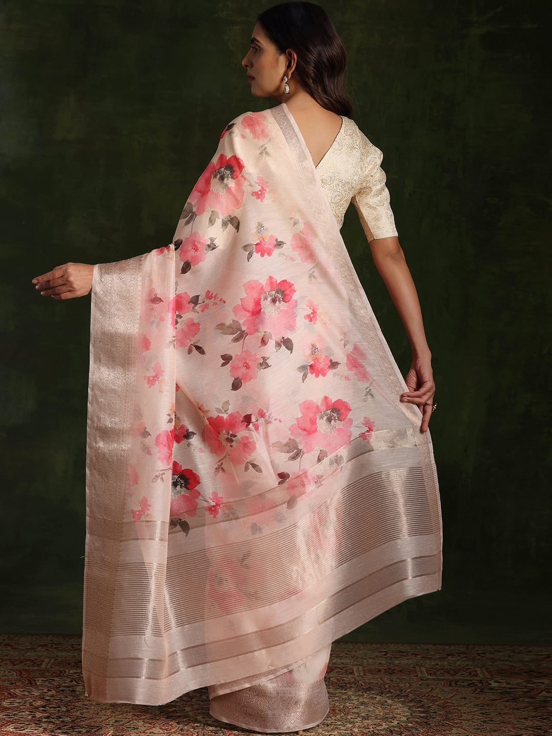 Pink Printed Silk Blend Saree With Unstitched Blouse Piece