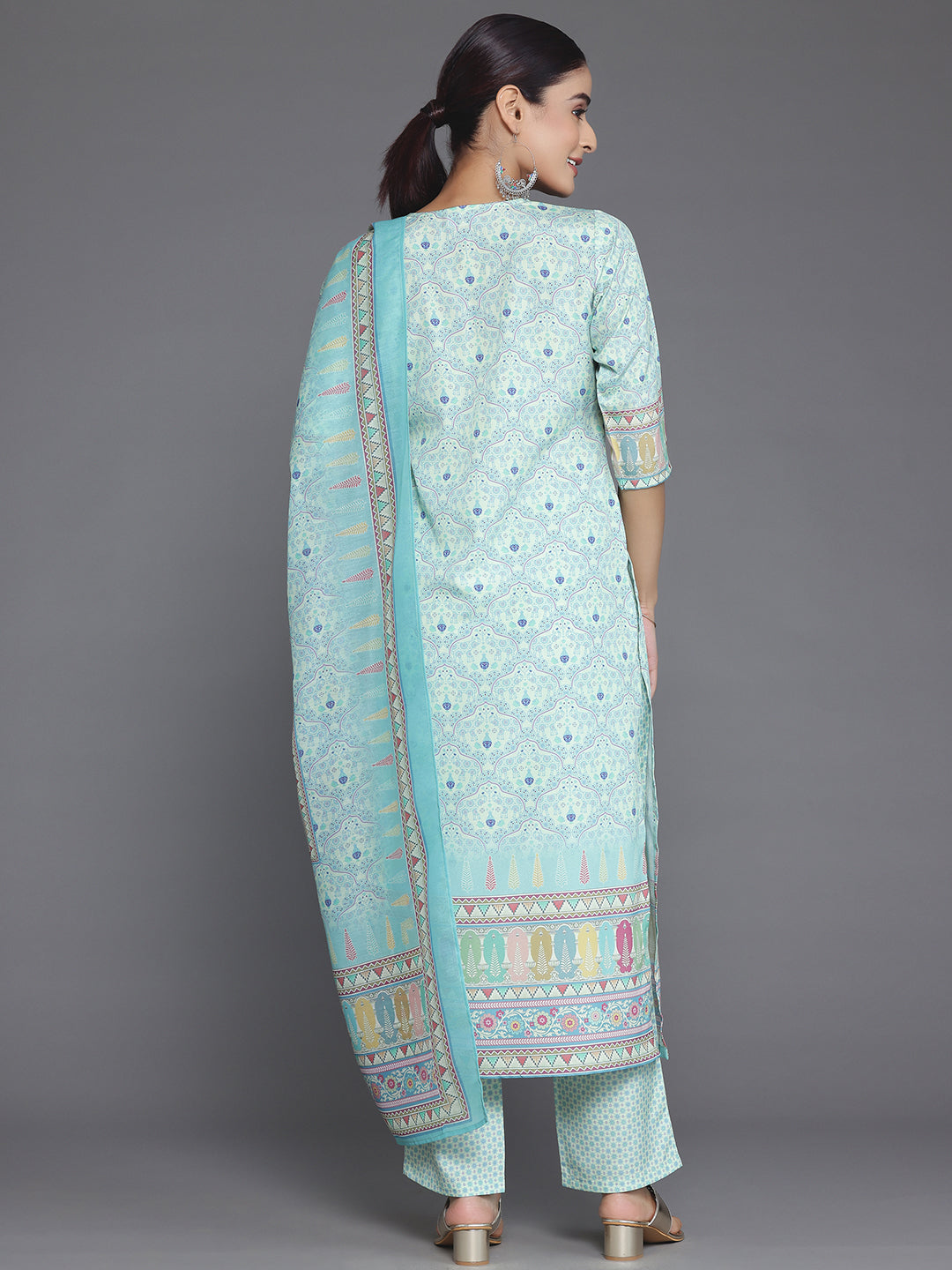 Green Printed Poly Crepe Straight Suit With Dupatta