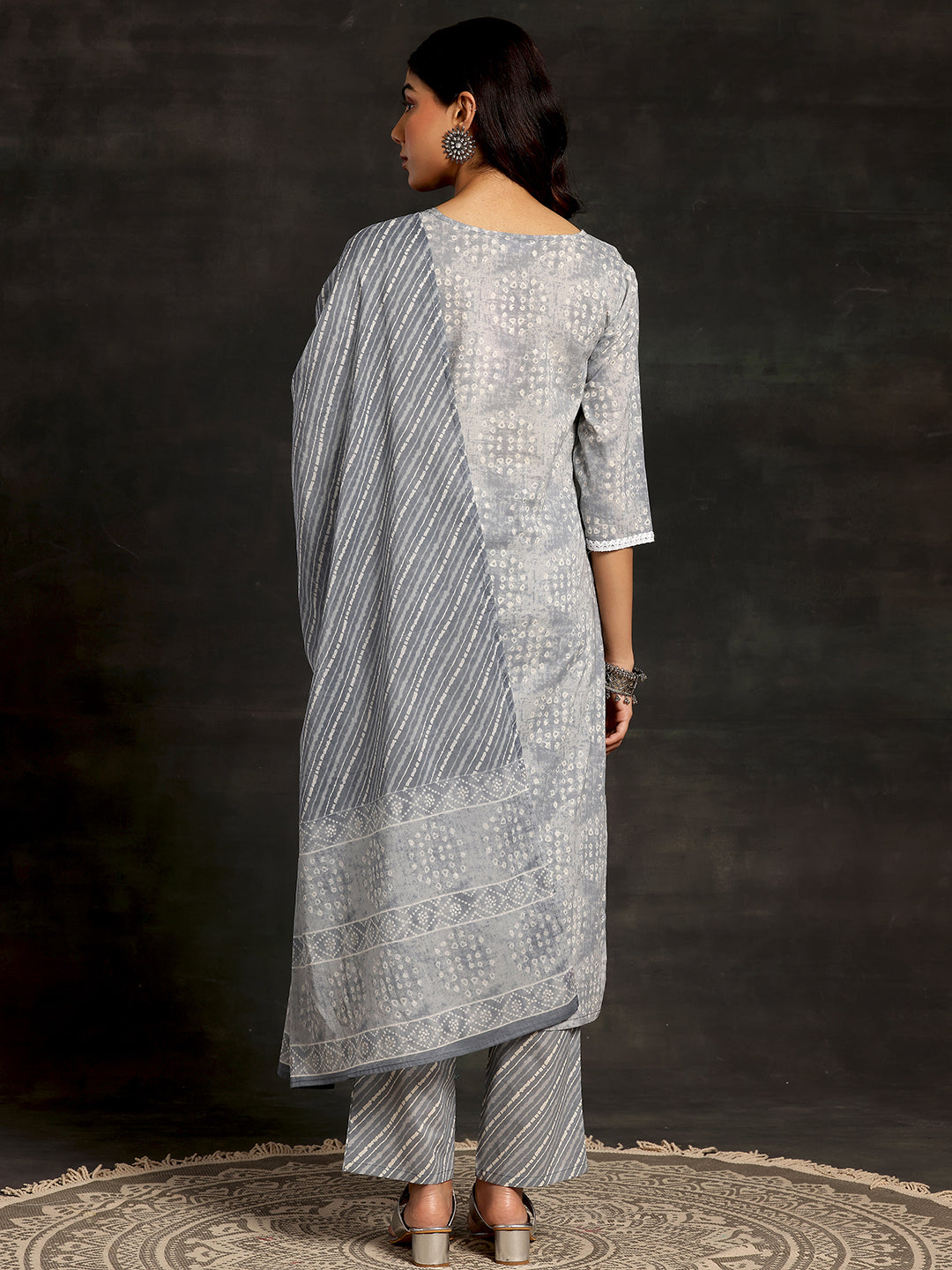 Grey Printed Cotton Straight Suit With Dupatta