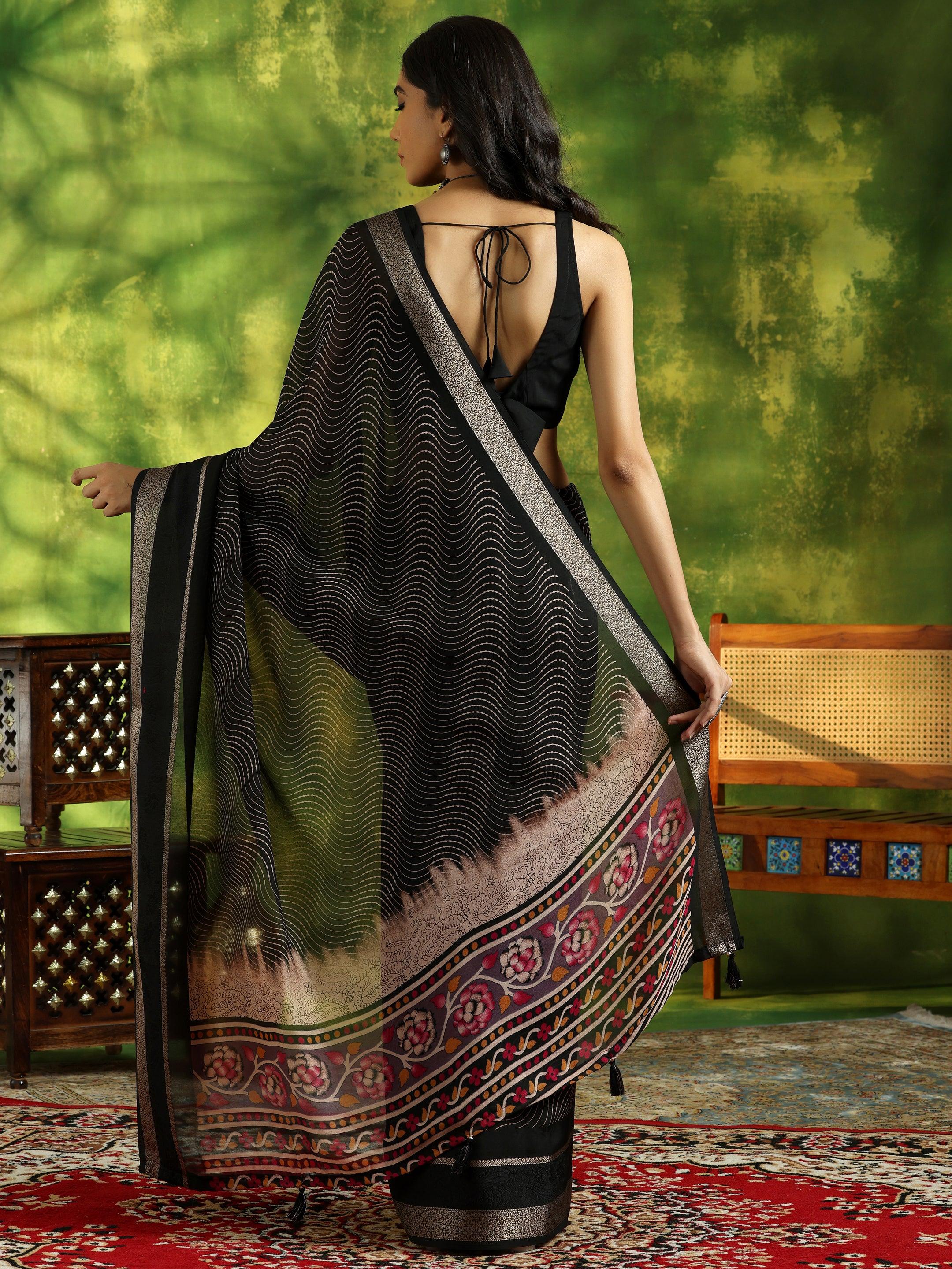 Black Printed Silk Blend Saree With Unstitched Blouse Piece