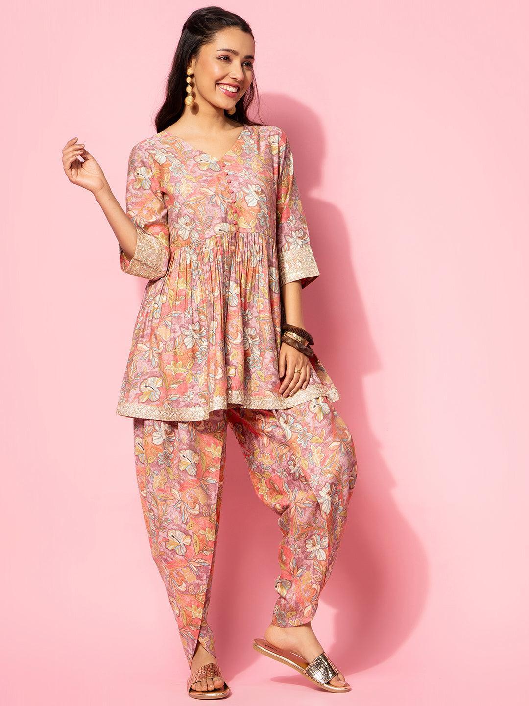 Peach Printed Silk Blend Co-Ords