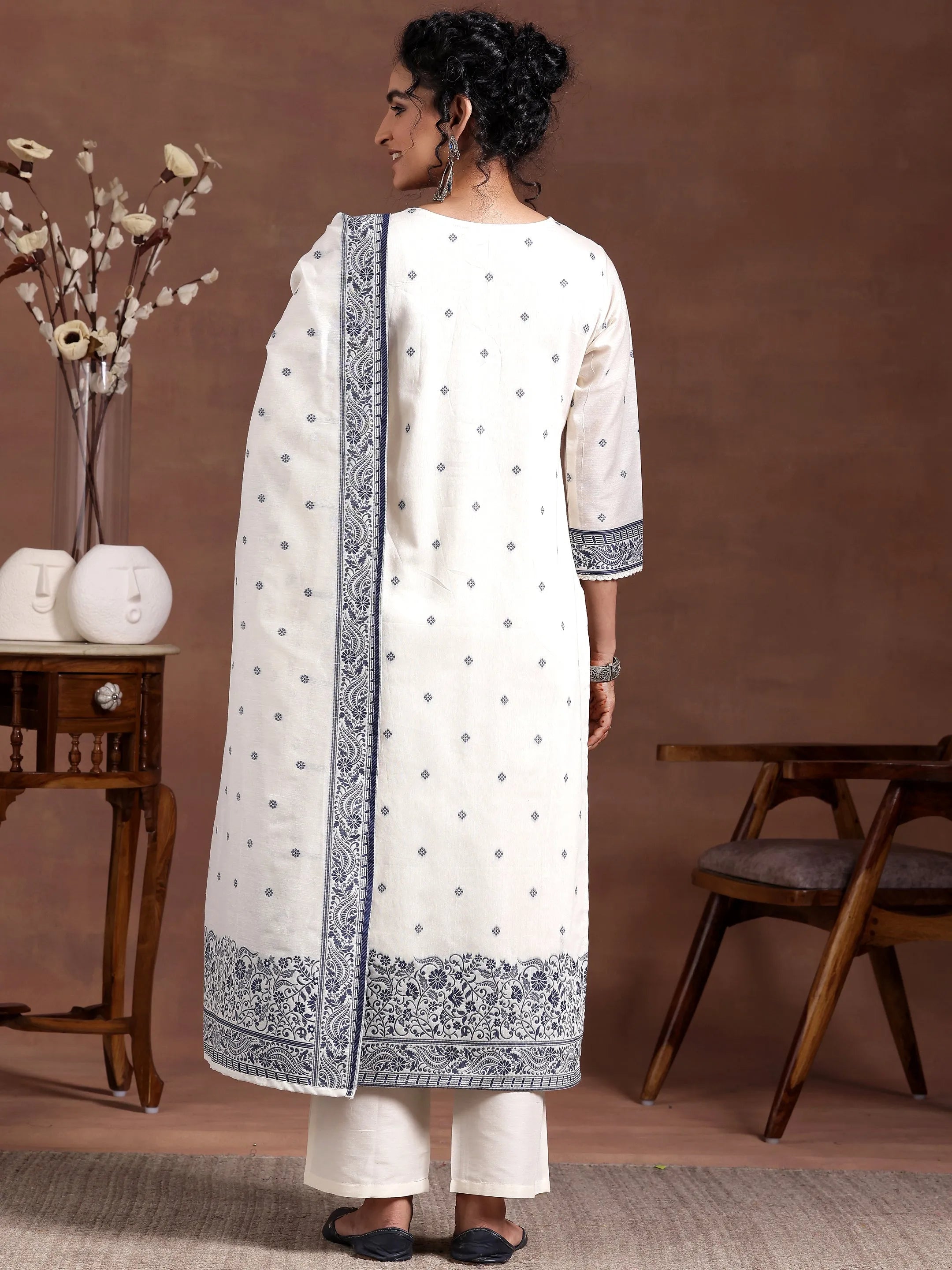 Off White Woven Design Chanderi Silk Straight Suit With Dupatta