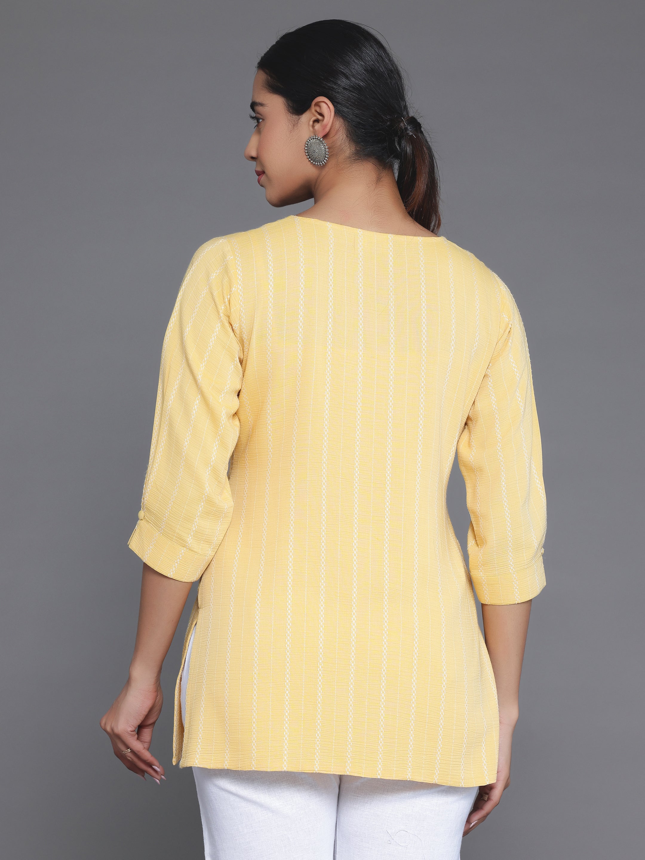 Mustard Woven Design Cotton Blend Straight Kurti