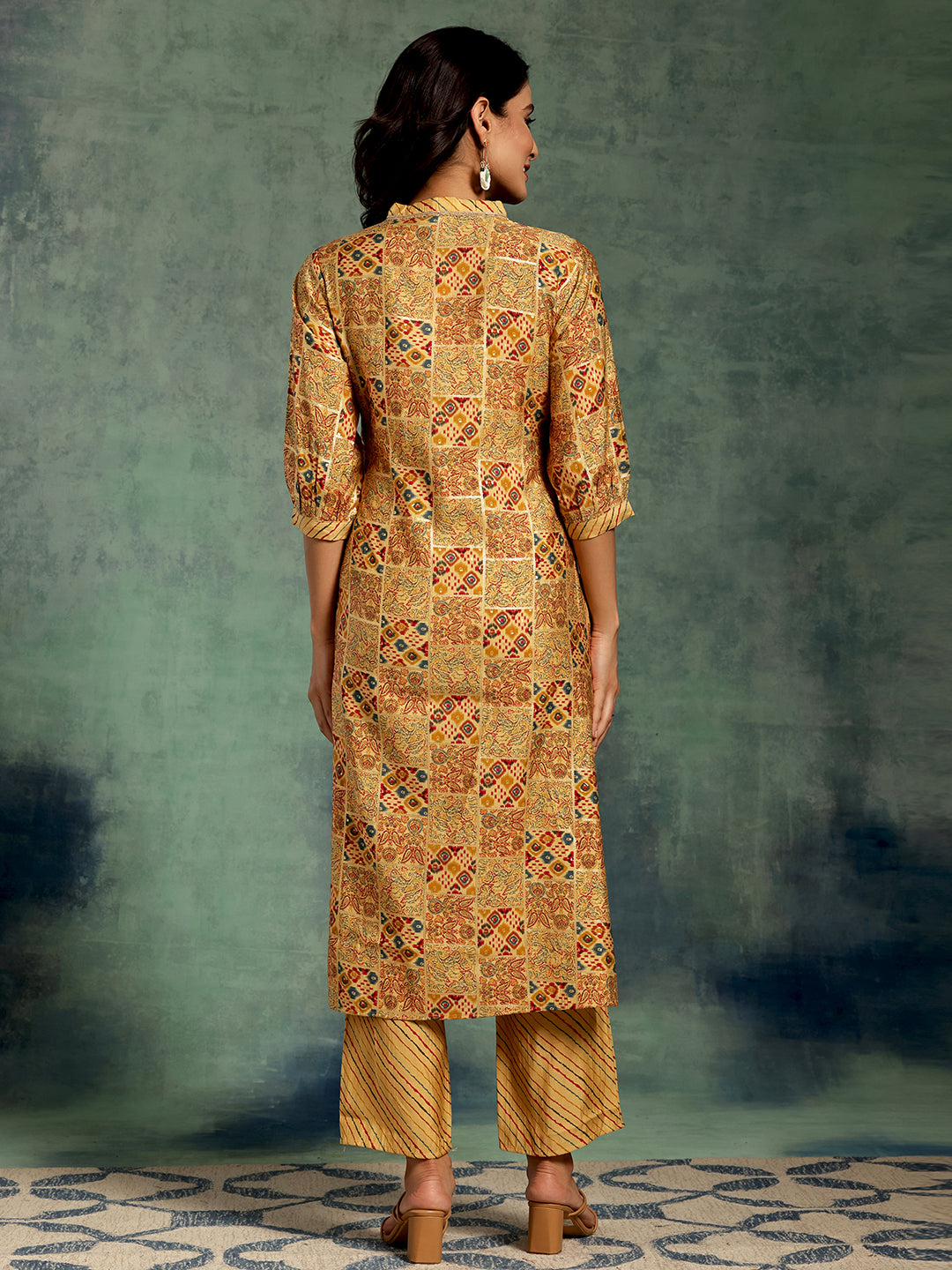 Yellow Printed Silk Blend Straight Kurta Set