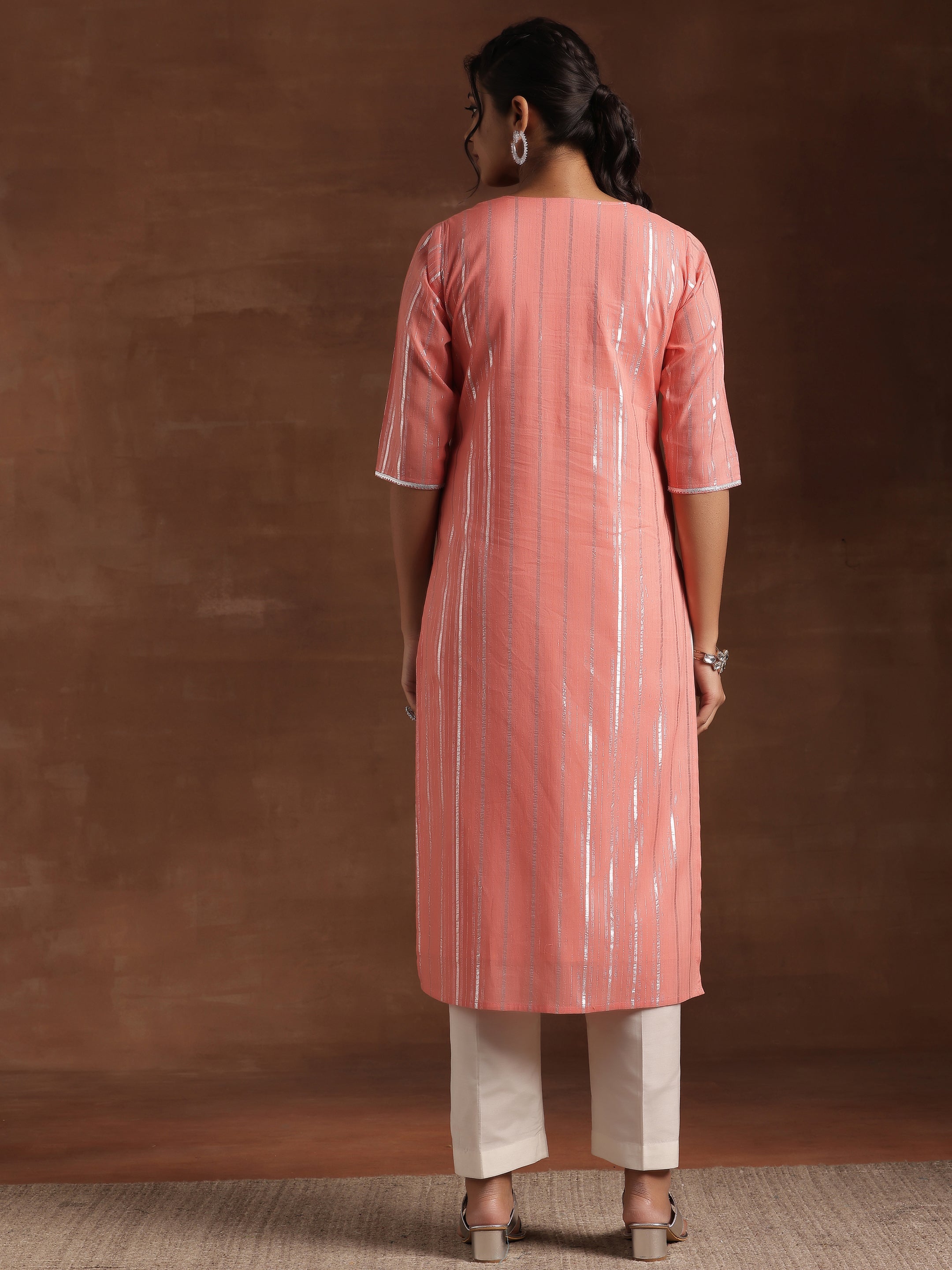 Peach Woven Design Cotton Straight Kurta