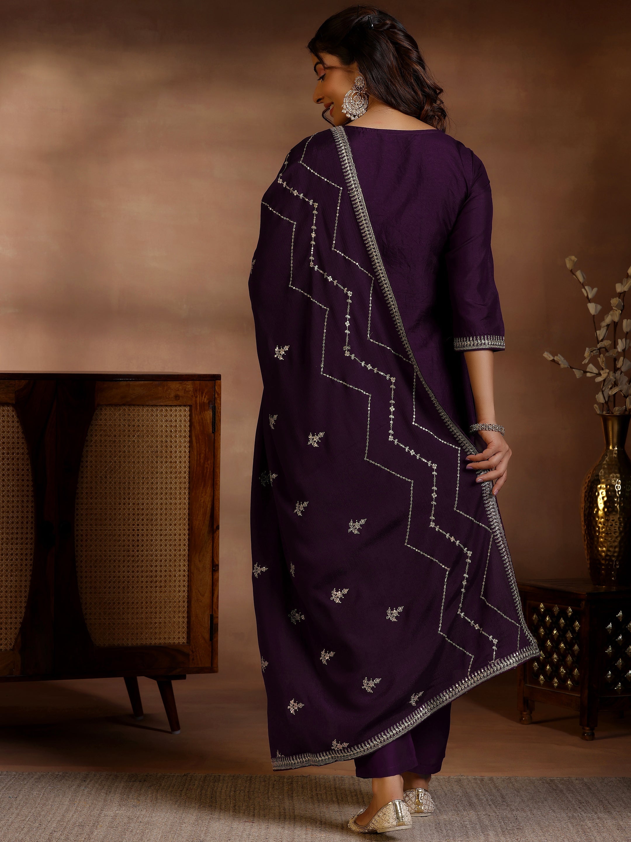 Wine Woven Design Silk Blend Straight Suit With Dupatta