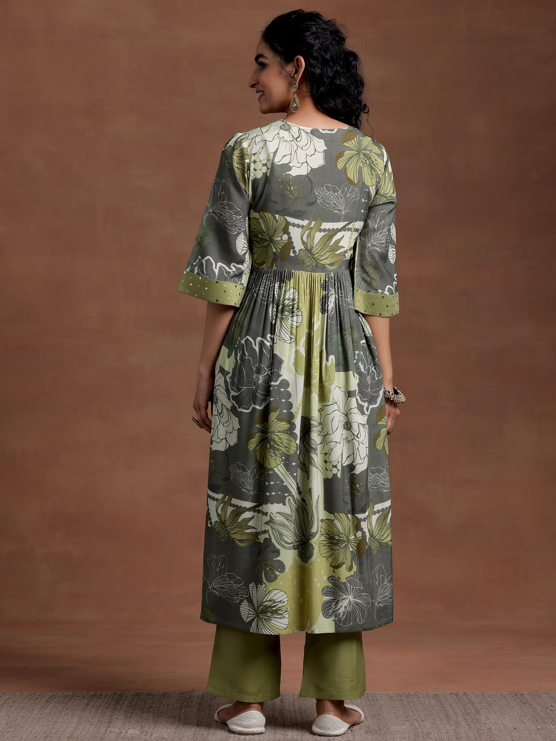 Green Printed Rayon A-Line Kurta With Trousers