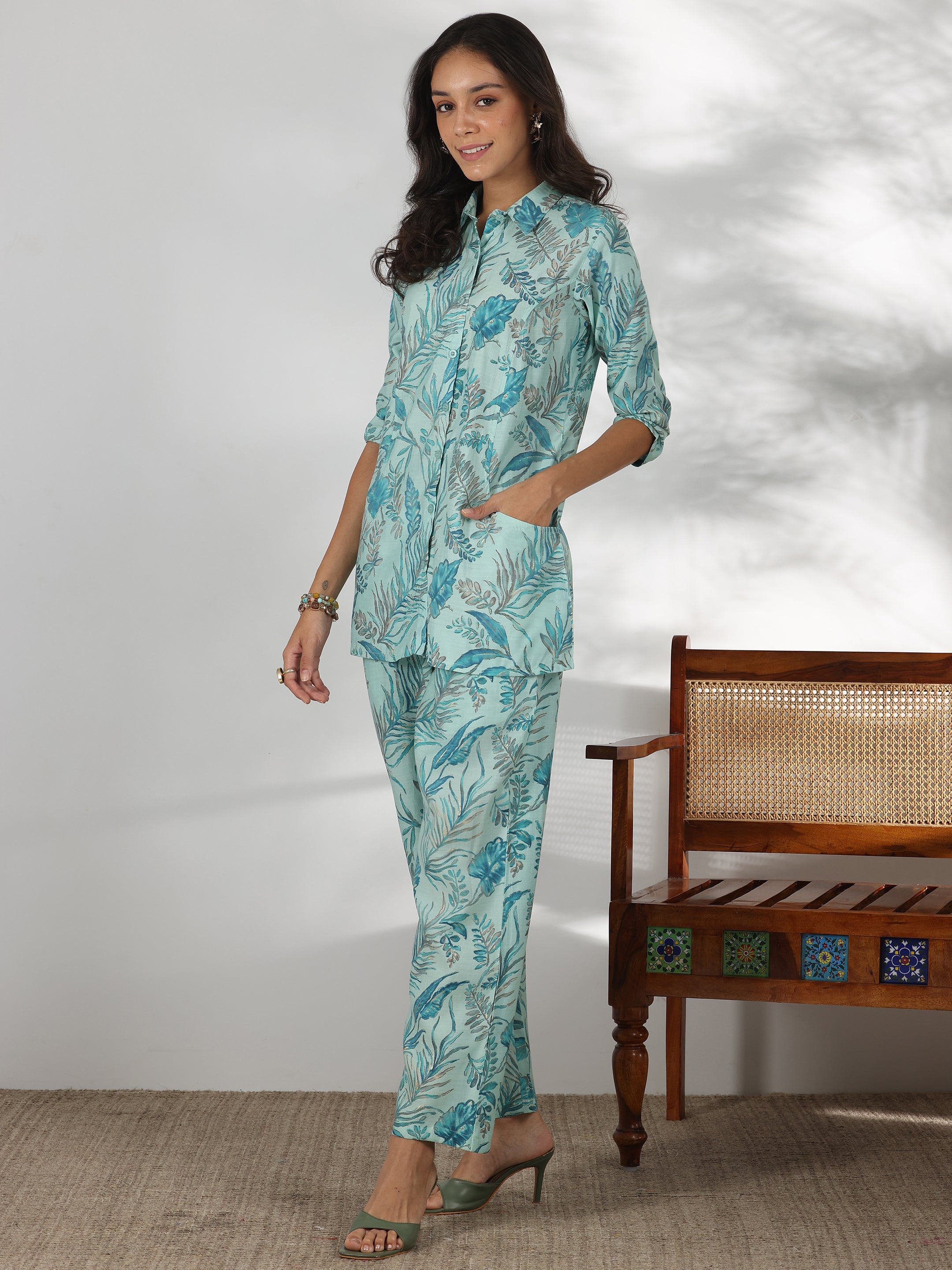 Blue Printed Silk Blend Co-Ords