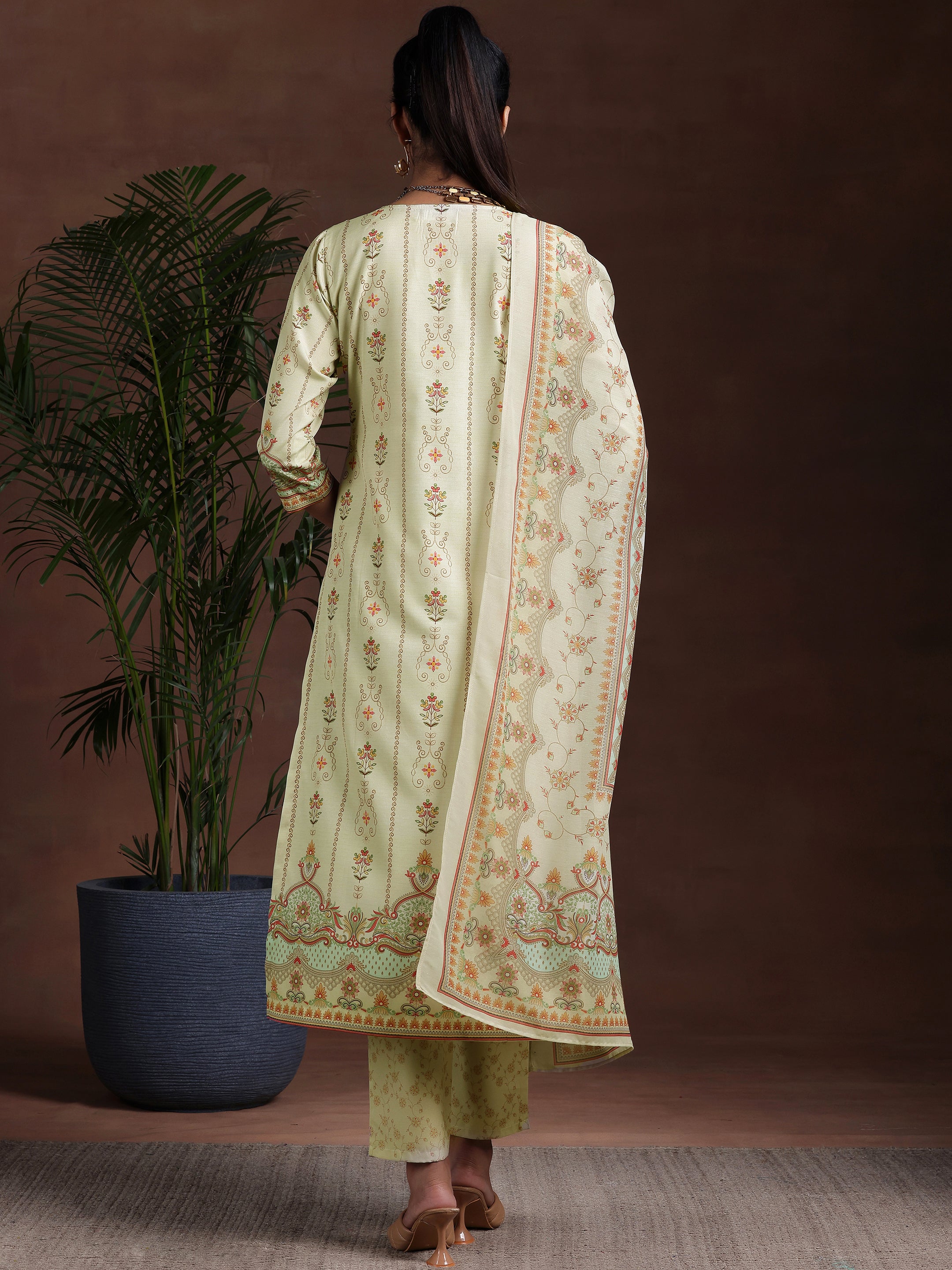 Off White Printed Poly Crepe Straight Suit With Dupatta