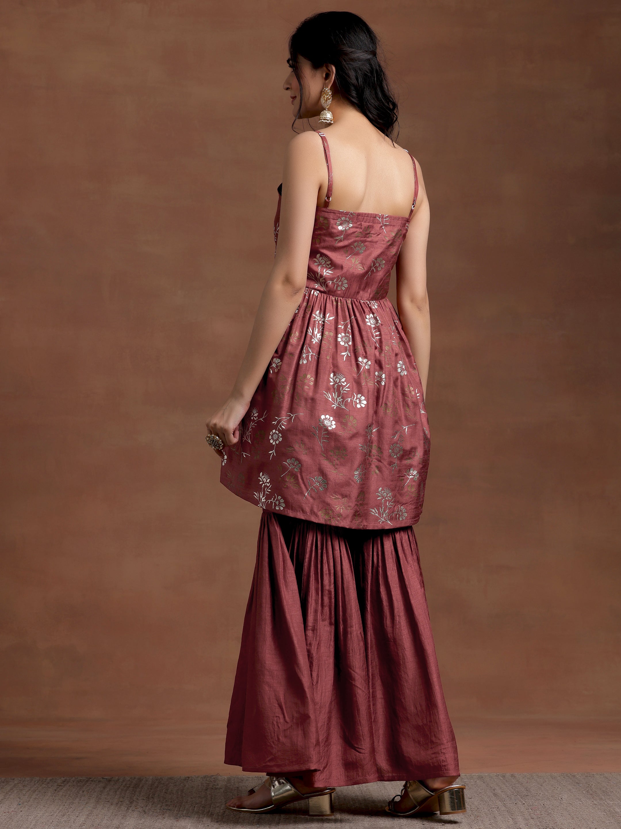 Brown Printed Silk Blend A-Line Kurta With Sharara