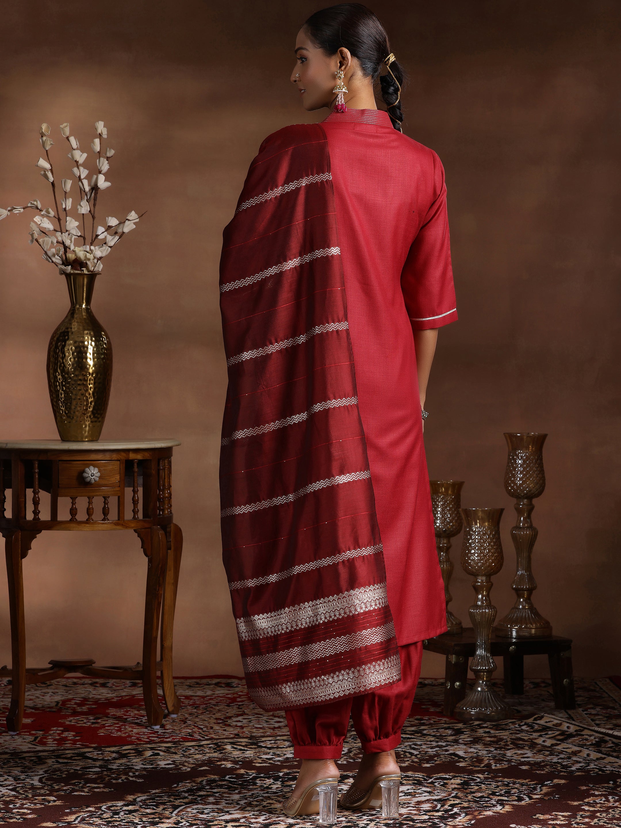 Maroon Solid Silk Blend Straight Suit With Dupatta