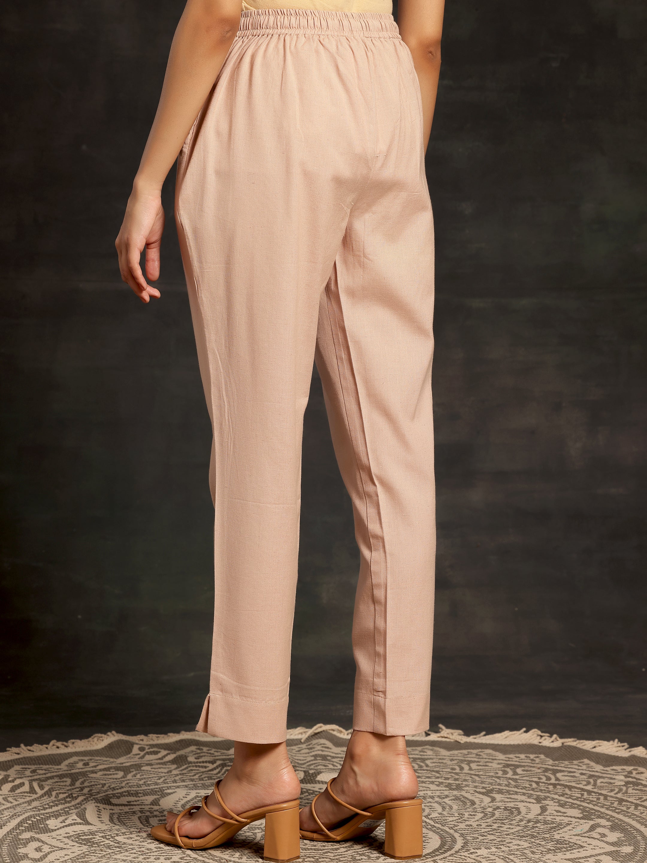 Peach Solid Cotton Straight Fit Trousers