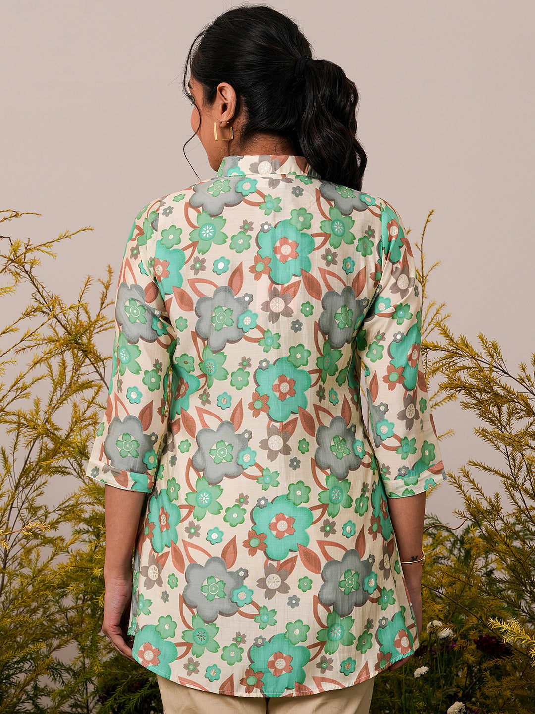 Cream Printed Silk Blend A-Line Kurti