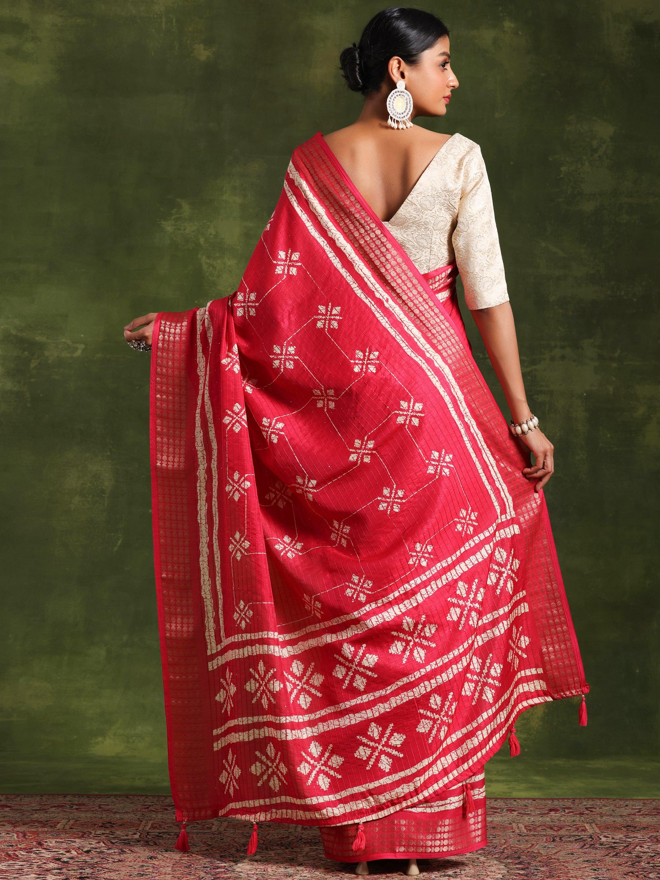 Pink Printed Silk Blend Saree With Unstitched Blouse Piece