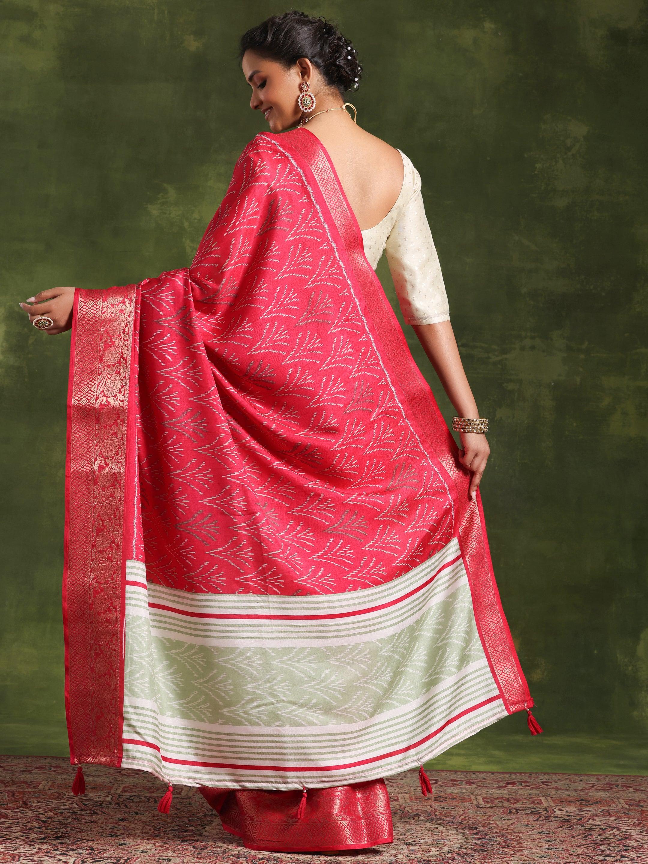 Pink Printed Silk Blend Saree With Unstitched Blouse Piece