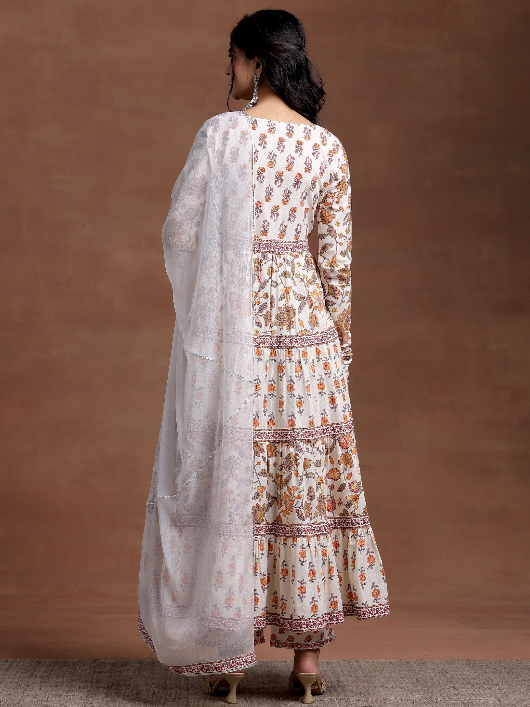 Off white Printed Cotton A-Line Kurta With Palazzos & Dupatta