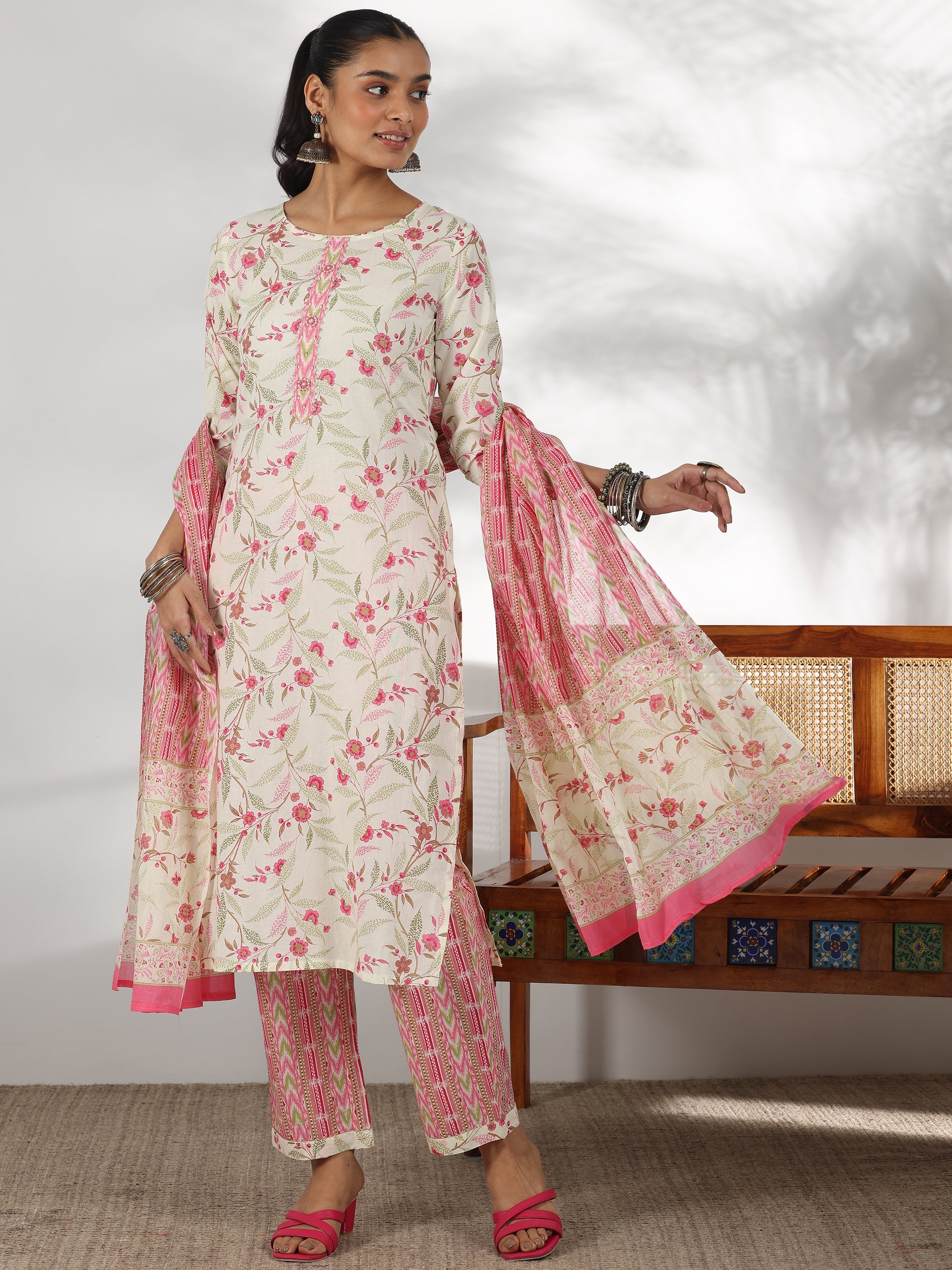 Off White Printed Cotton Straight Suit With Dupatta