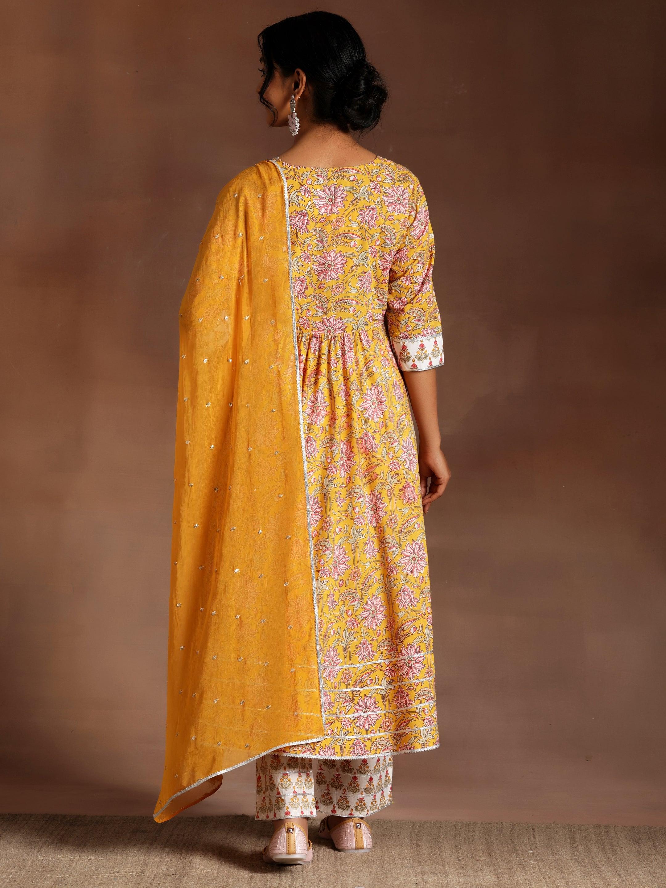 Yellow Printed Cotton Anarkali Suit With Dupatta