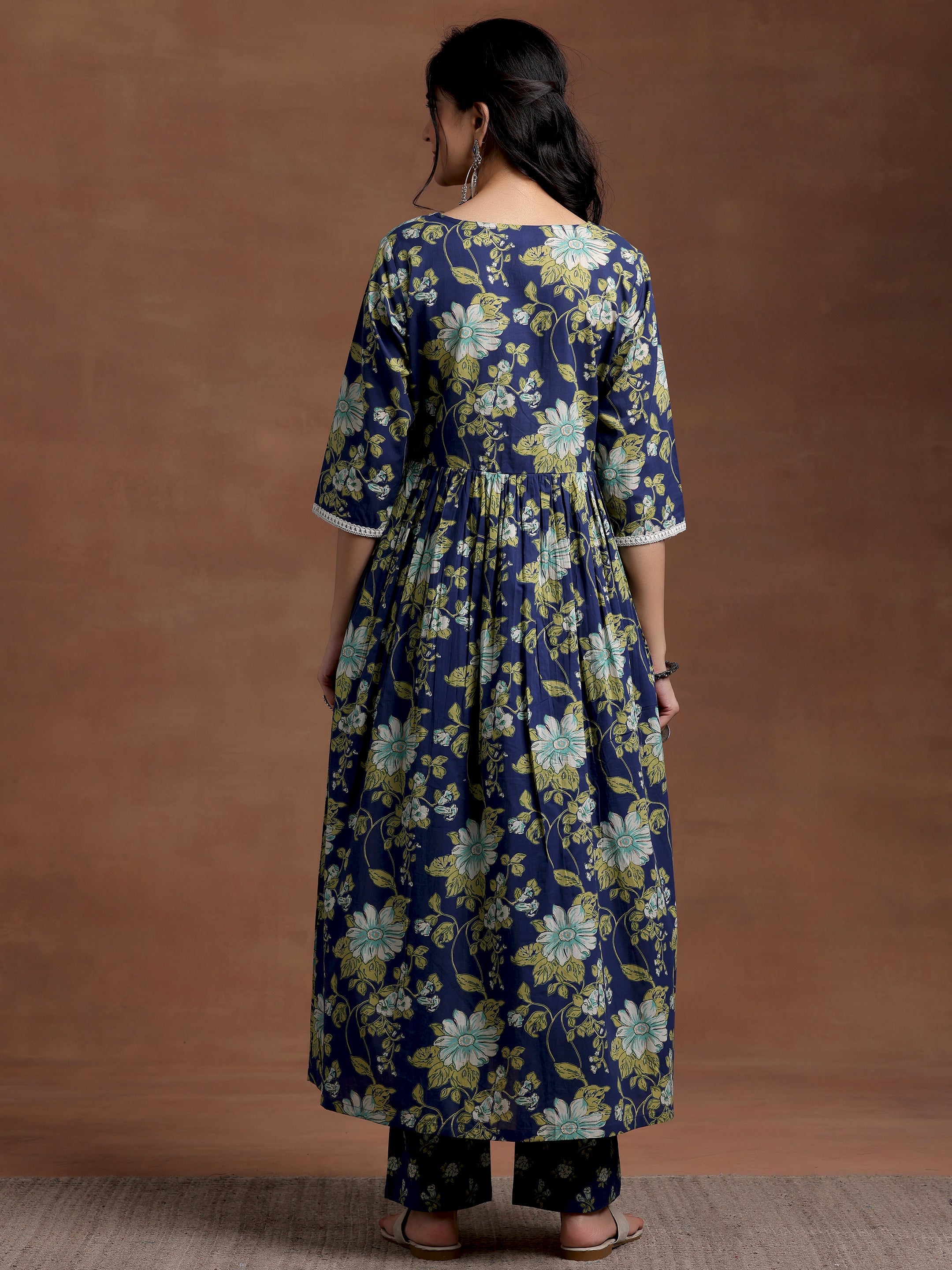 Blue Printed Cotton A-Line Kurta With Trousers