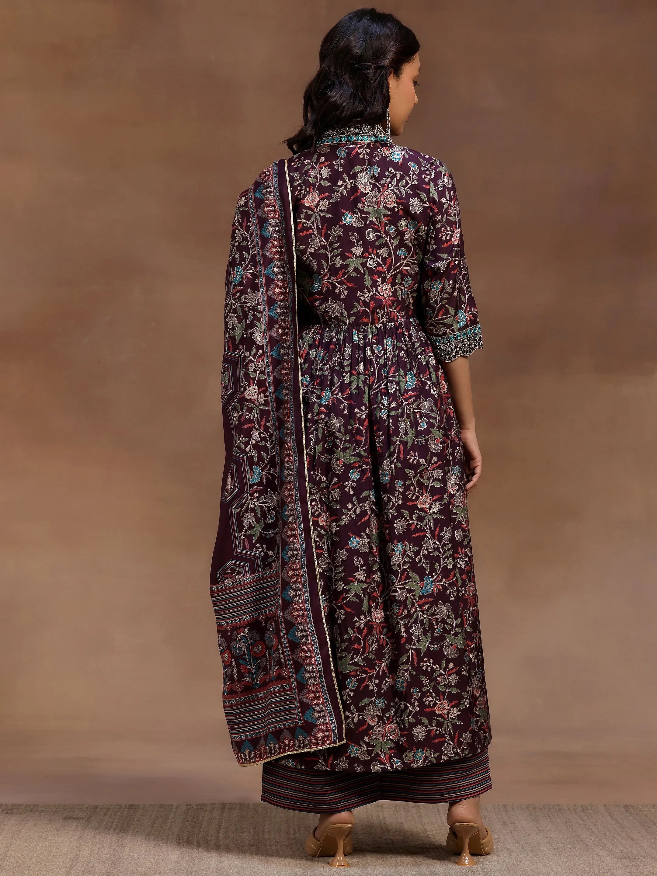 Burgundy Printed Silk Blend A-Line Kurta With Palazzos & Dupatta