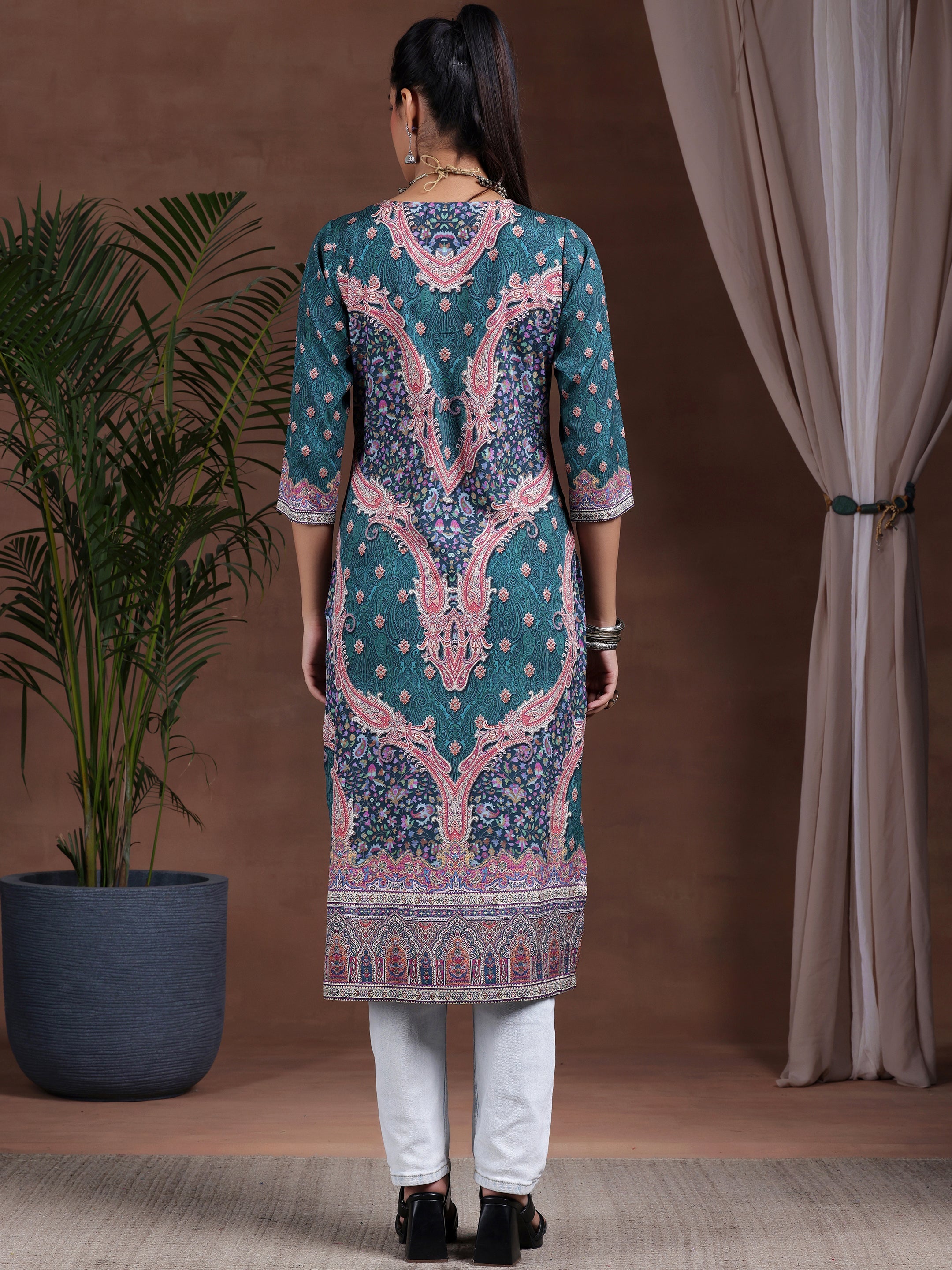 Blue Printed Crepe Straight Kurta