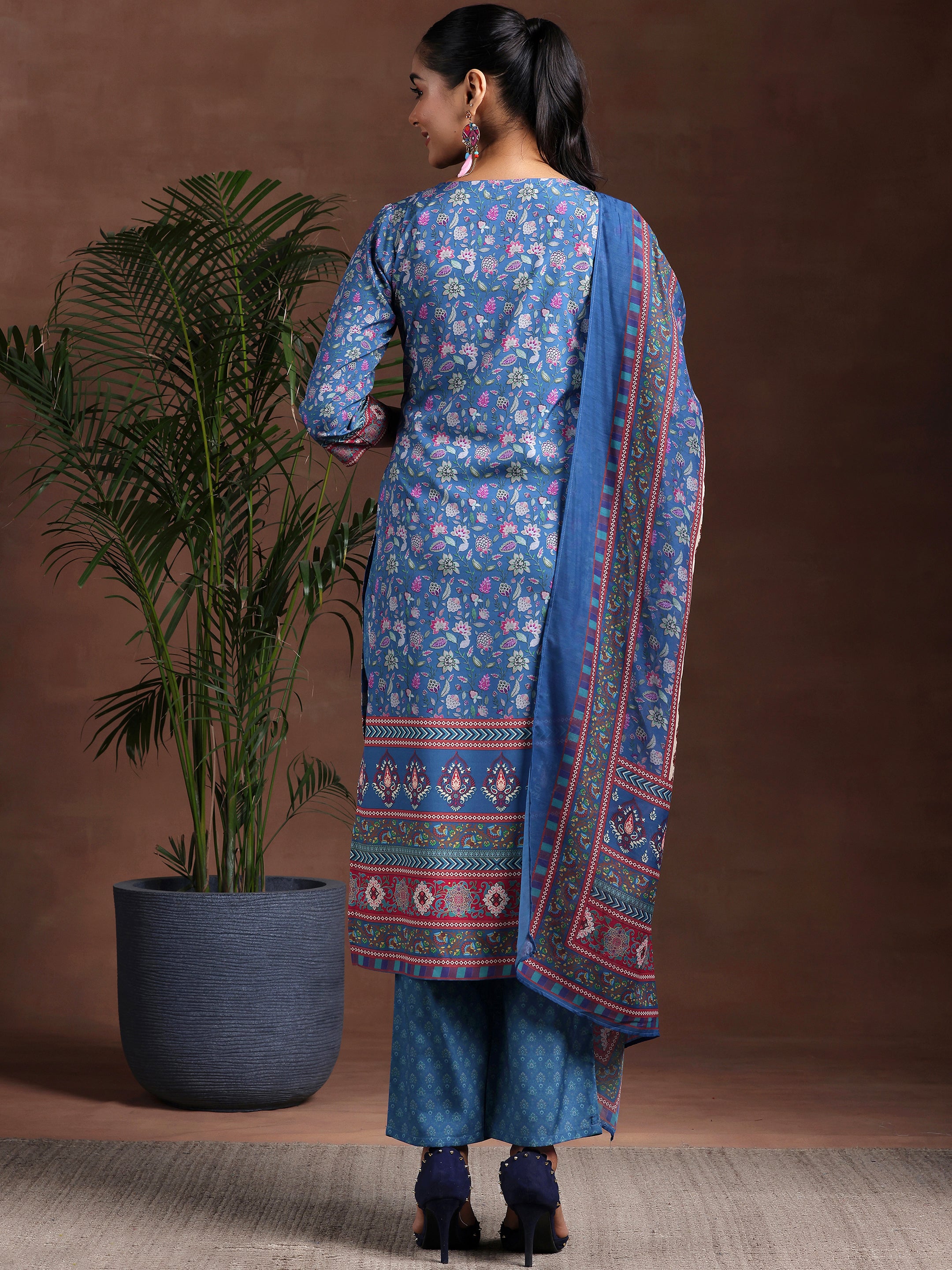 Blue Printed Poly Crepe Straight Suit With Dupatta