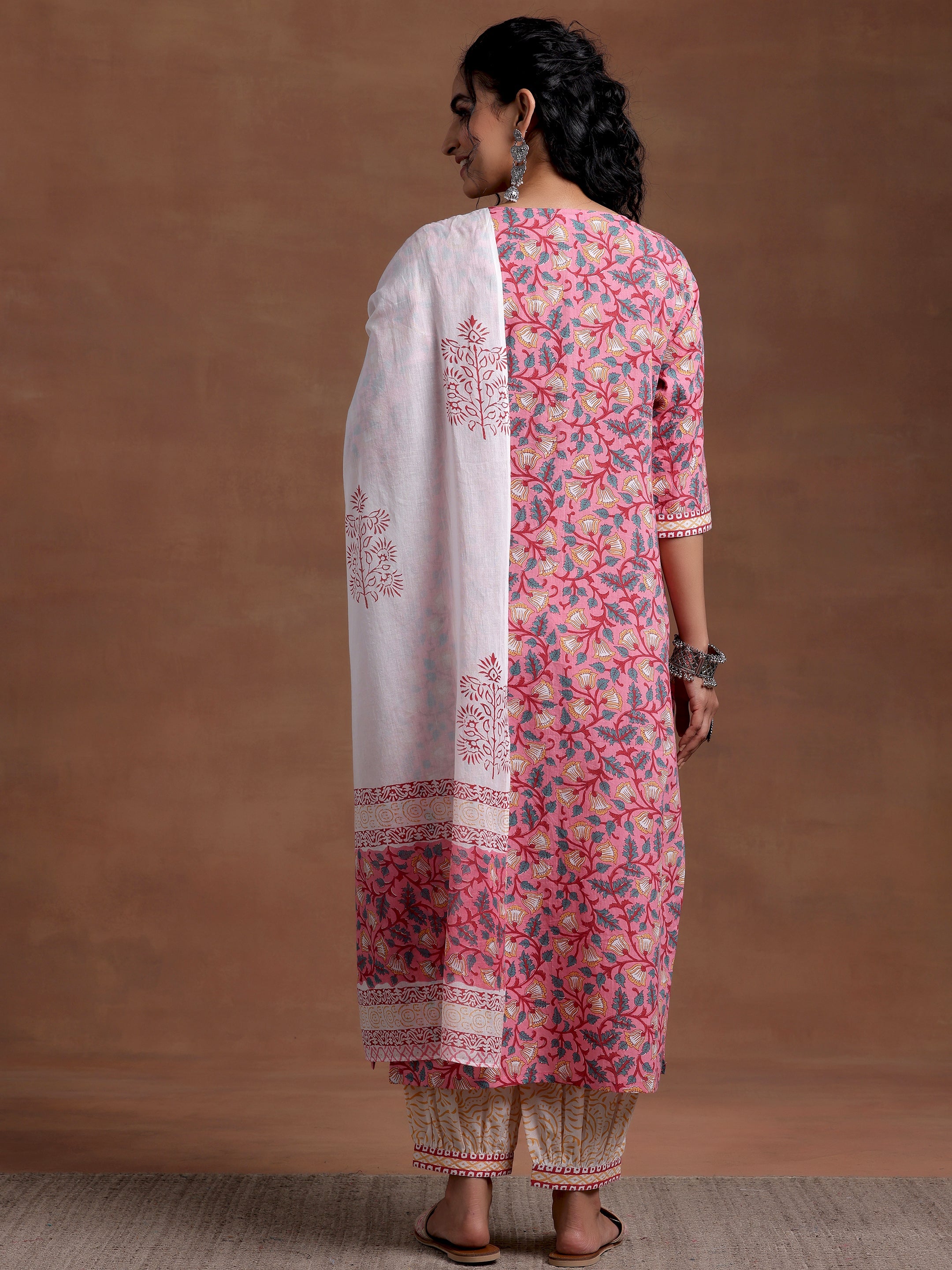 Pink Printed Cotton Straight Suit With Dupatta