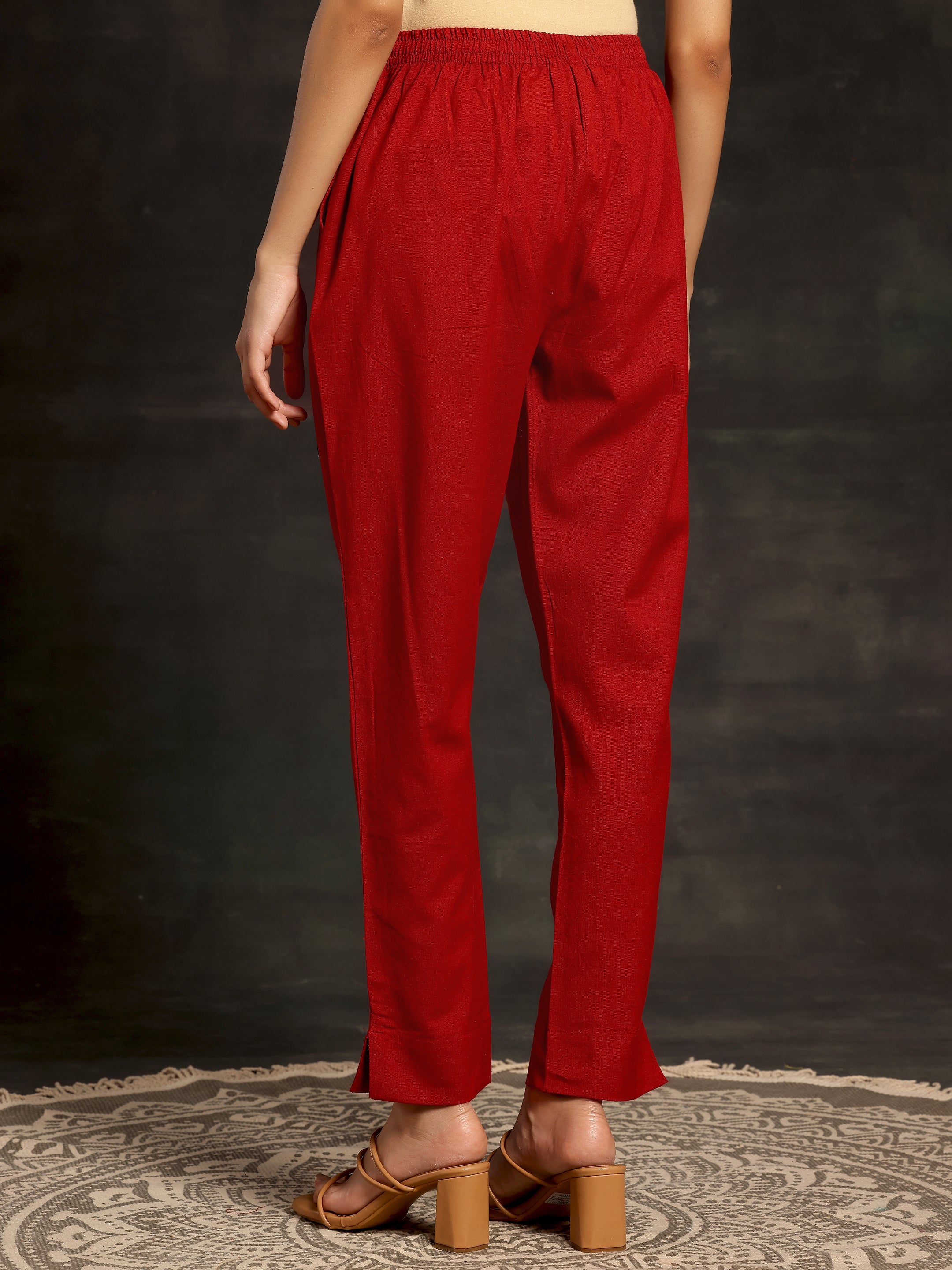 Maroon Solid Cotton Straight Fit Trousers