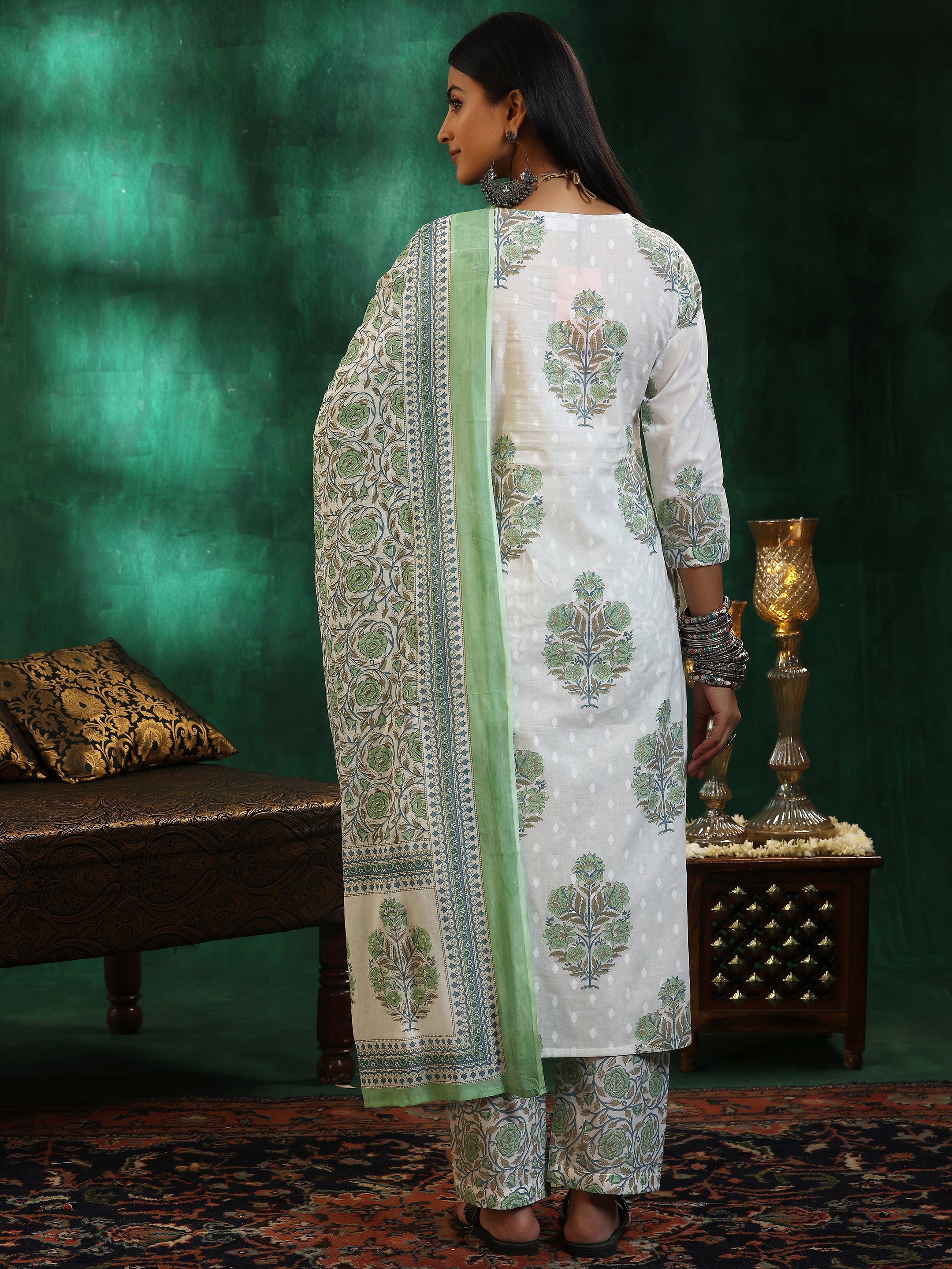 Off White Printed Cotton Straight Suit With Dupatta