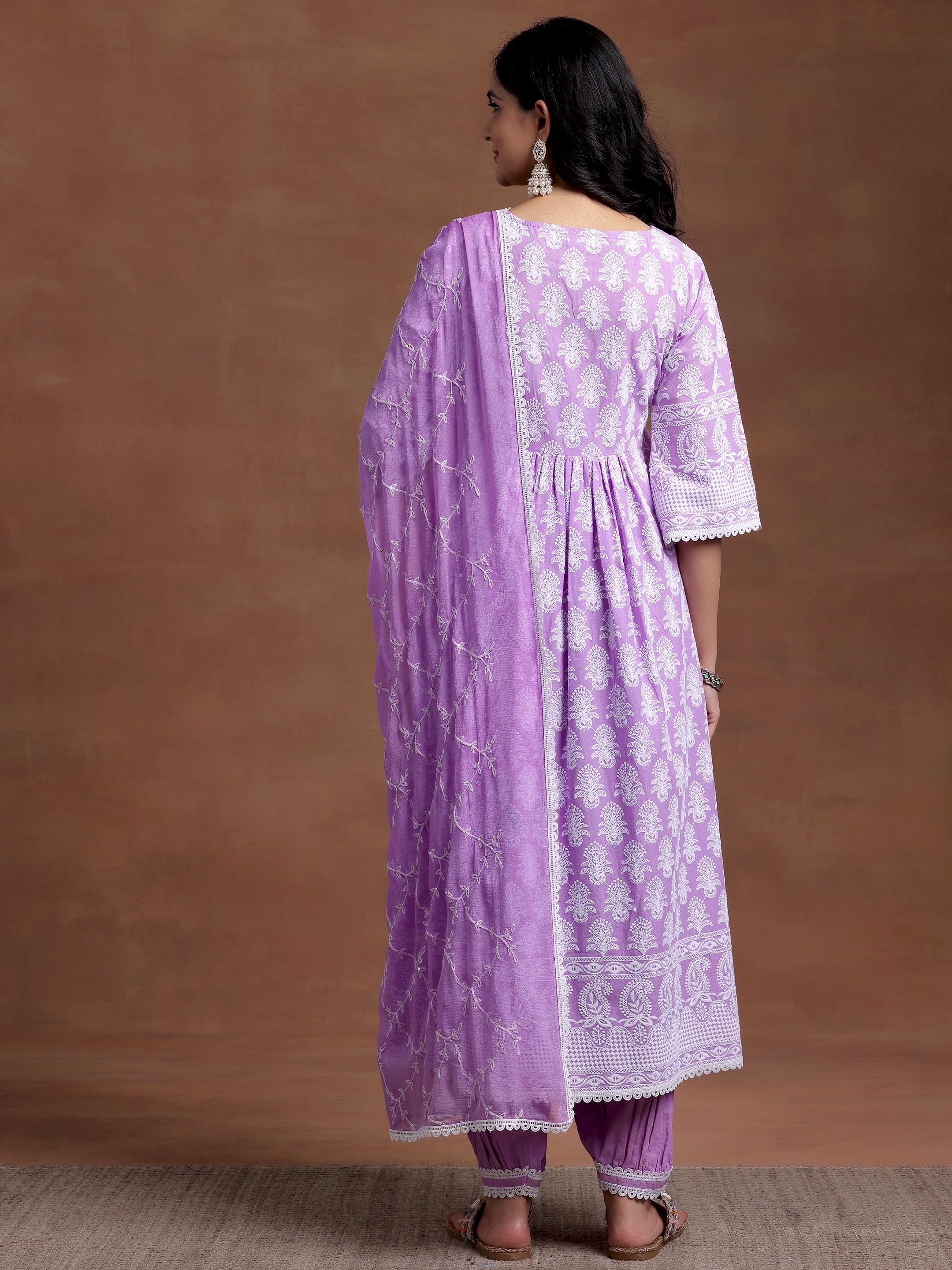 Purple Embroidered Cotton A-Line Kurta With Salwar & Dupatta