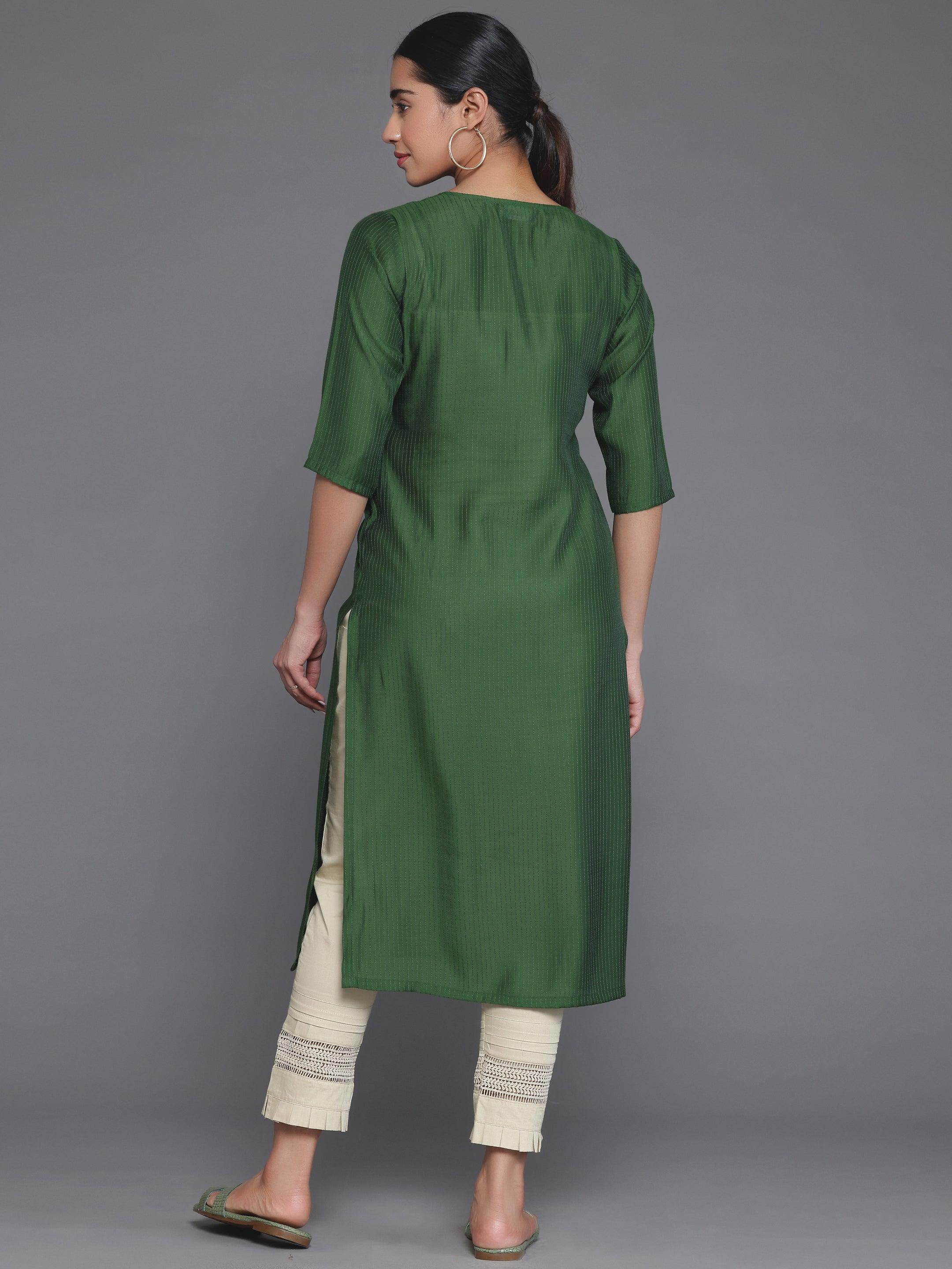 Green Woven Design Silk Straight Kurta