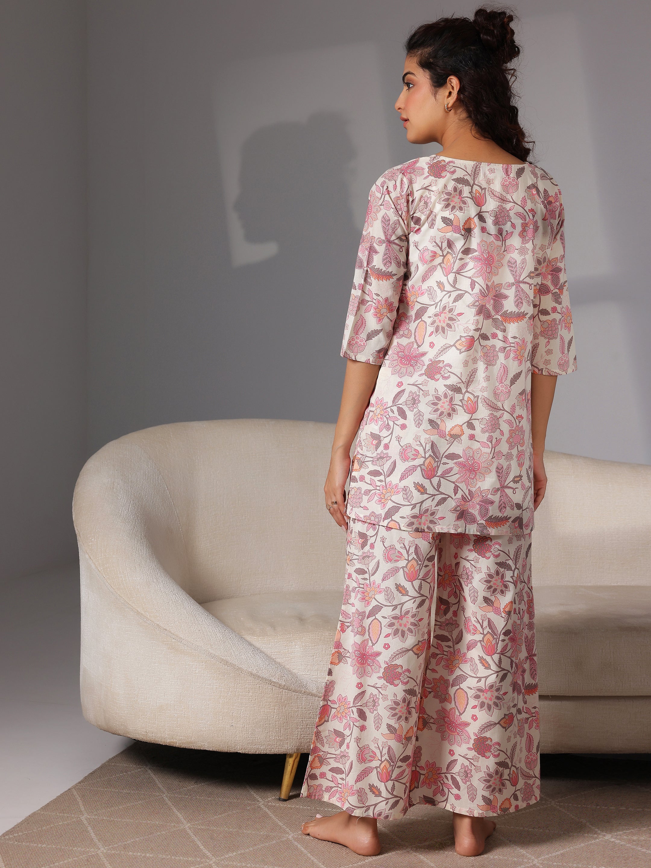 Cream Printed Cotton Night Suits